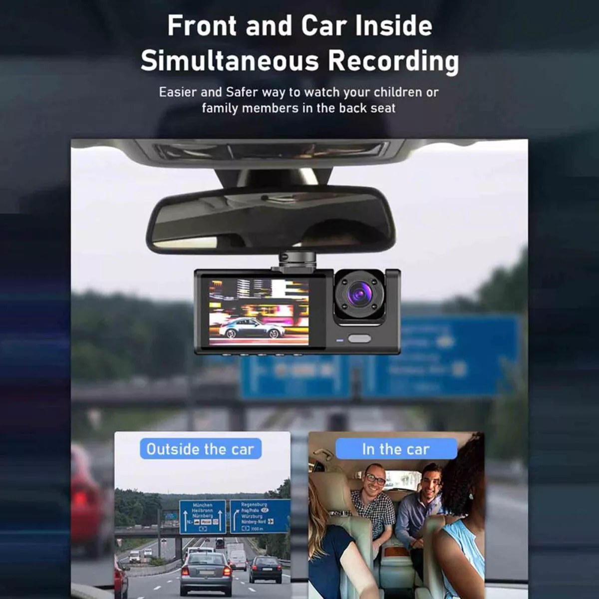 Dashcam, die im und außerhalb eines Autos aufzeichnet, Textüberlagerung über simultane Aufnahme.