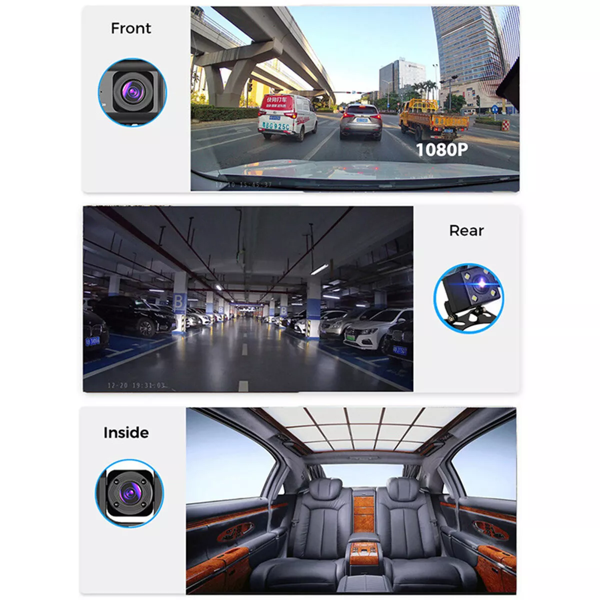 Drei Ansichten einer Auto-Dashcam: vorne, hinten und innen. Zeigt den Innenraum des Autos und die Straßenansichten.