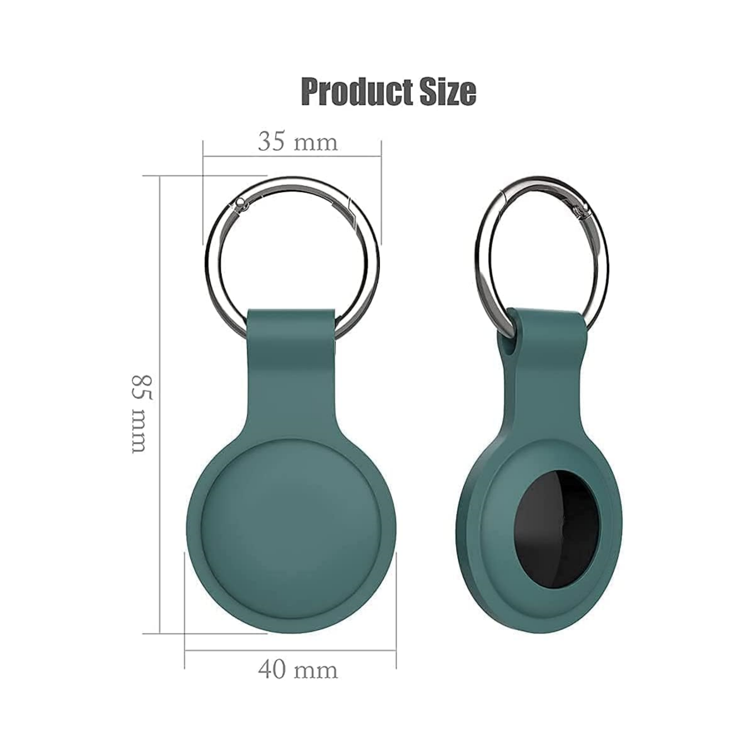 Zwei AirTag-Halter, grün, mit Abmessungen. Einer zeigt die Vorderseite, der andere die Rückseite und die Schleife. Maße sind angegeben.