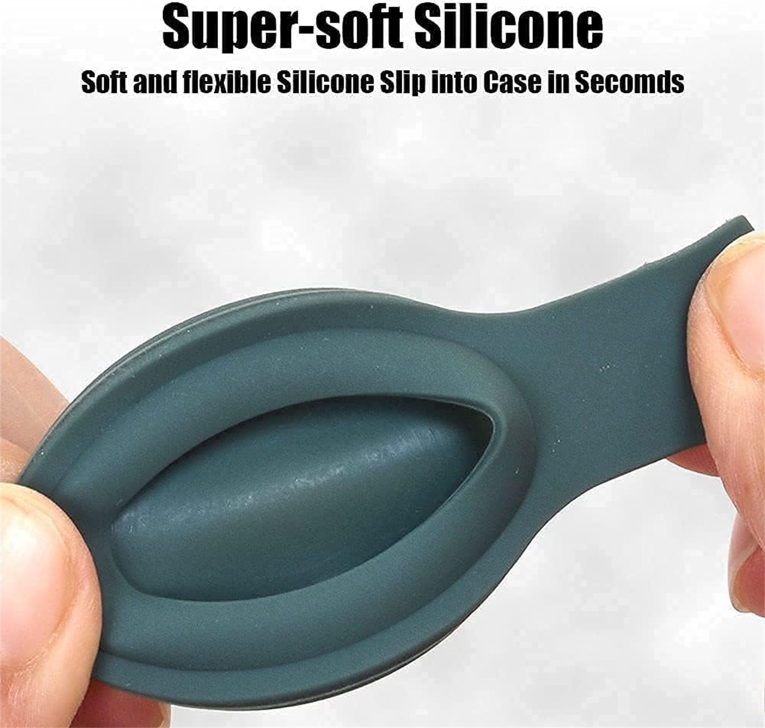 Silikon-Zubehör von Händen gehalten. Grüne Farbe, gebogene Form. Der Text oben lautet 'Super-soft Silicone'.