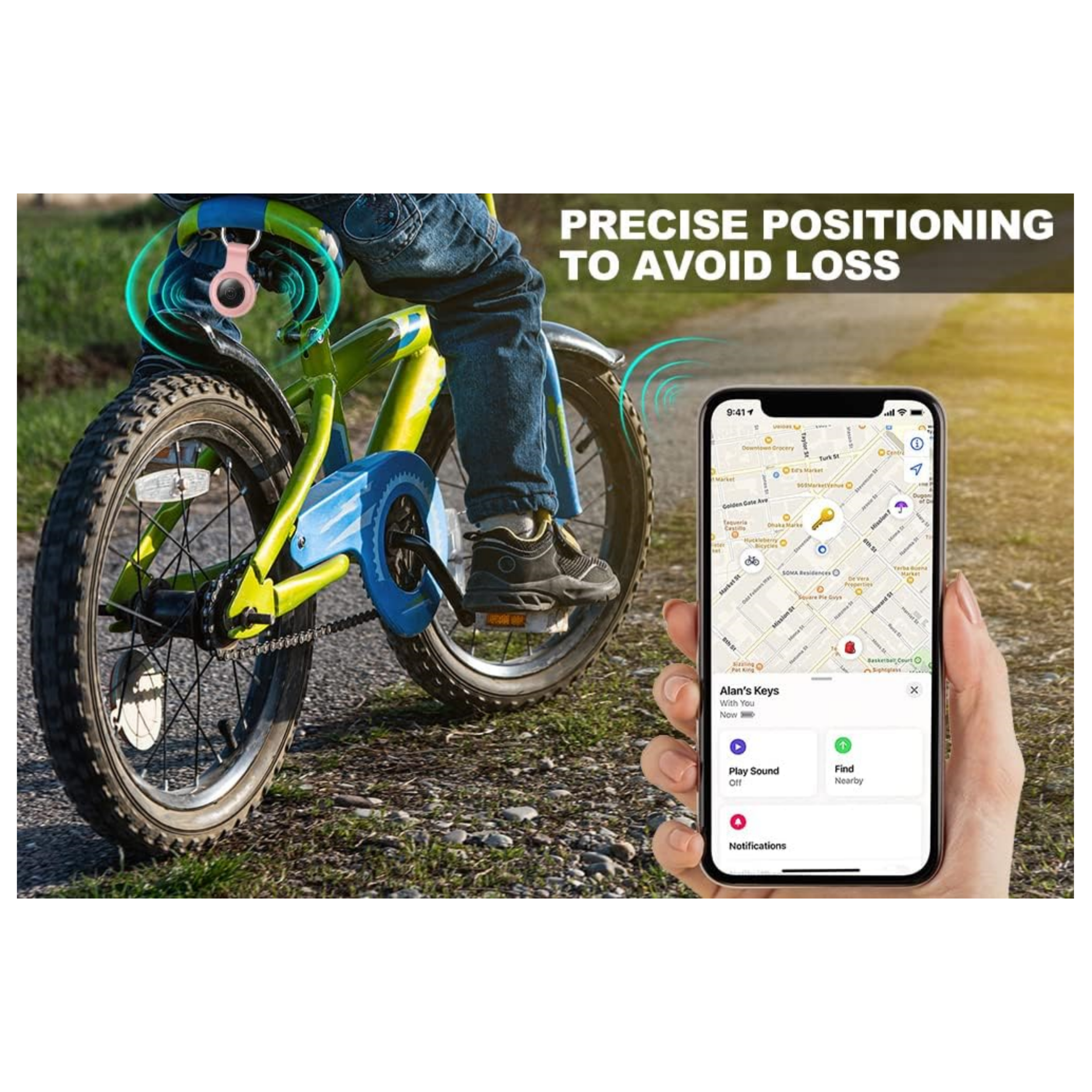 Kind auf Fahrrad, AirTag am Lenker, Telefon mit Karte. Text: Präzise Positionierung, um Verlust zu vermeiden.