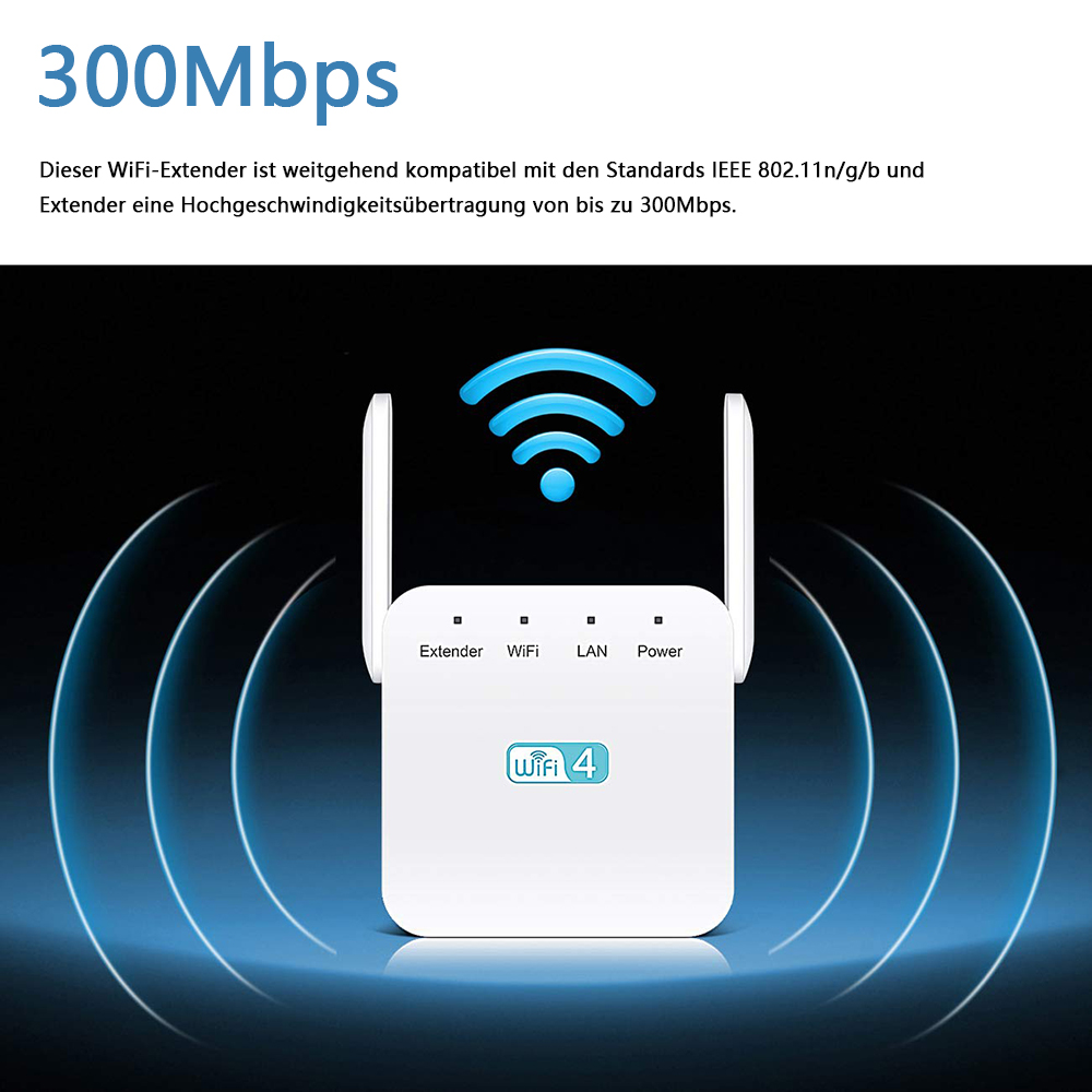 Ein weißer WLAN-Extender mit Antennen, der WLAN-Signalwellen und Text über seine Geschwindigkeit zeigt.