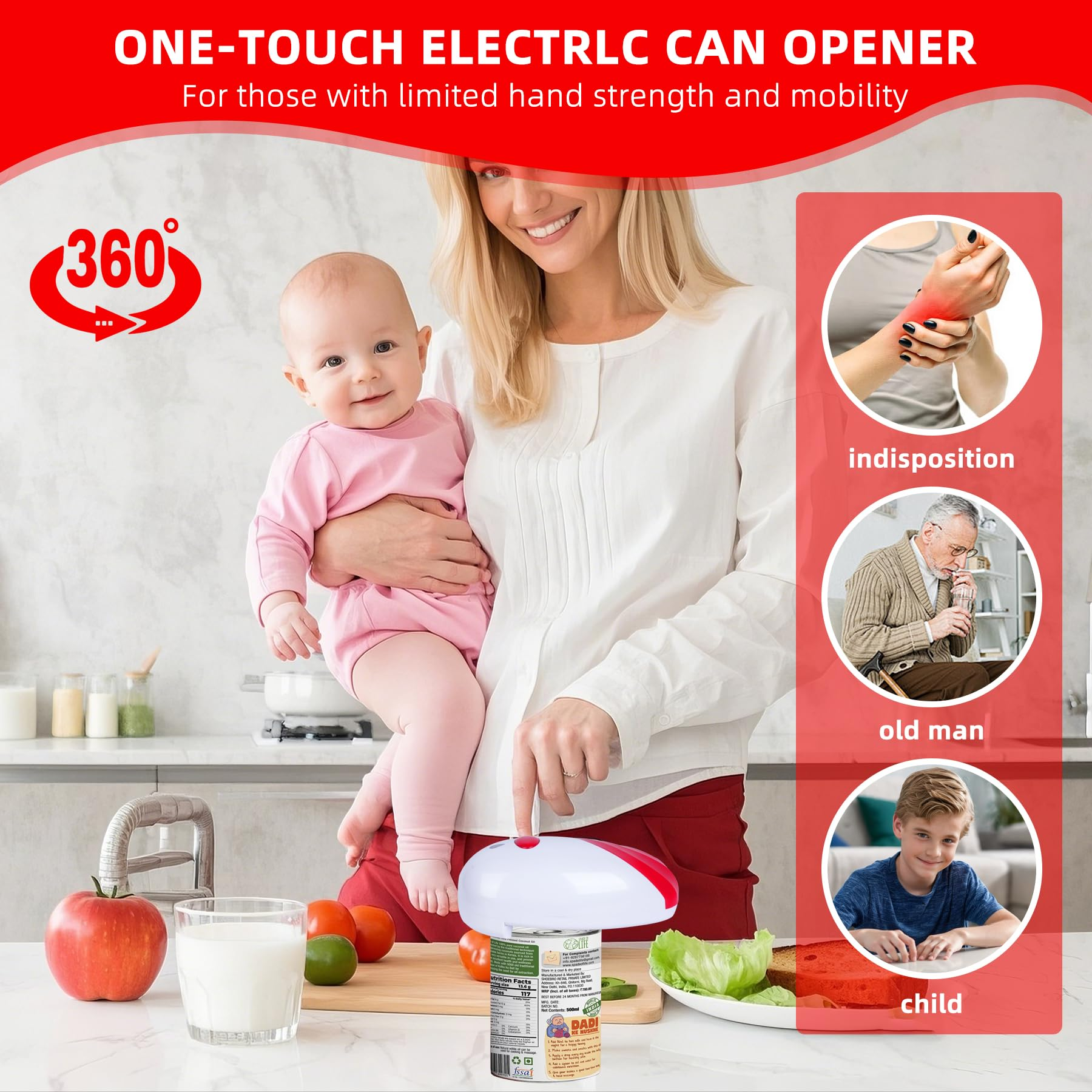 Eine Frau, die ein Baby hält, benutzt einen elektrischen Dosenöffner mit zugehörigen Patientenbildern.