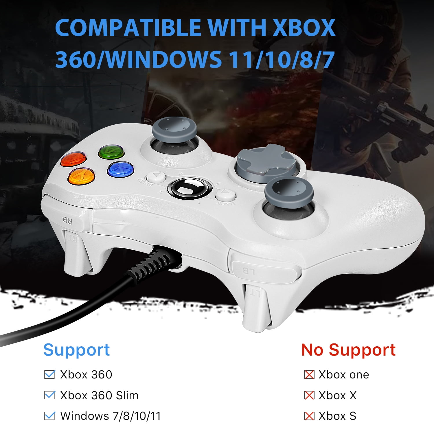 Weißer Xbox-Controller mit farbigen Tasten und zwei Joysticks vor verschwommenem Hintergrund.