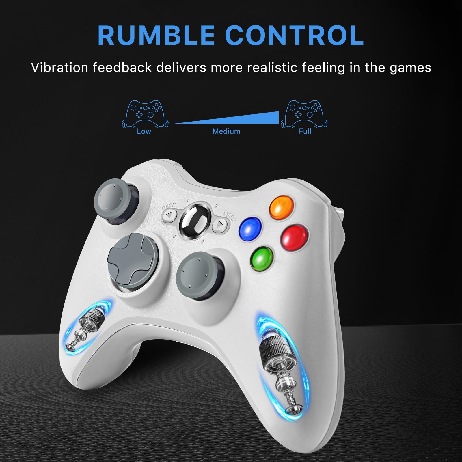 Weißer Xbox-Controller mit Rumble-Control-Funktion mit niedrigen, mittleren und vollen Einstellungen.