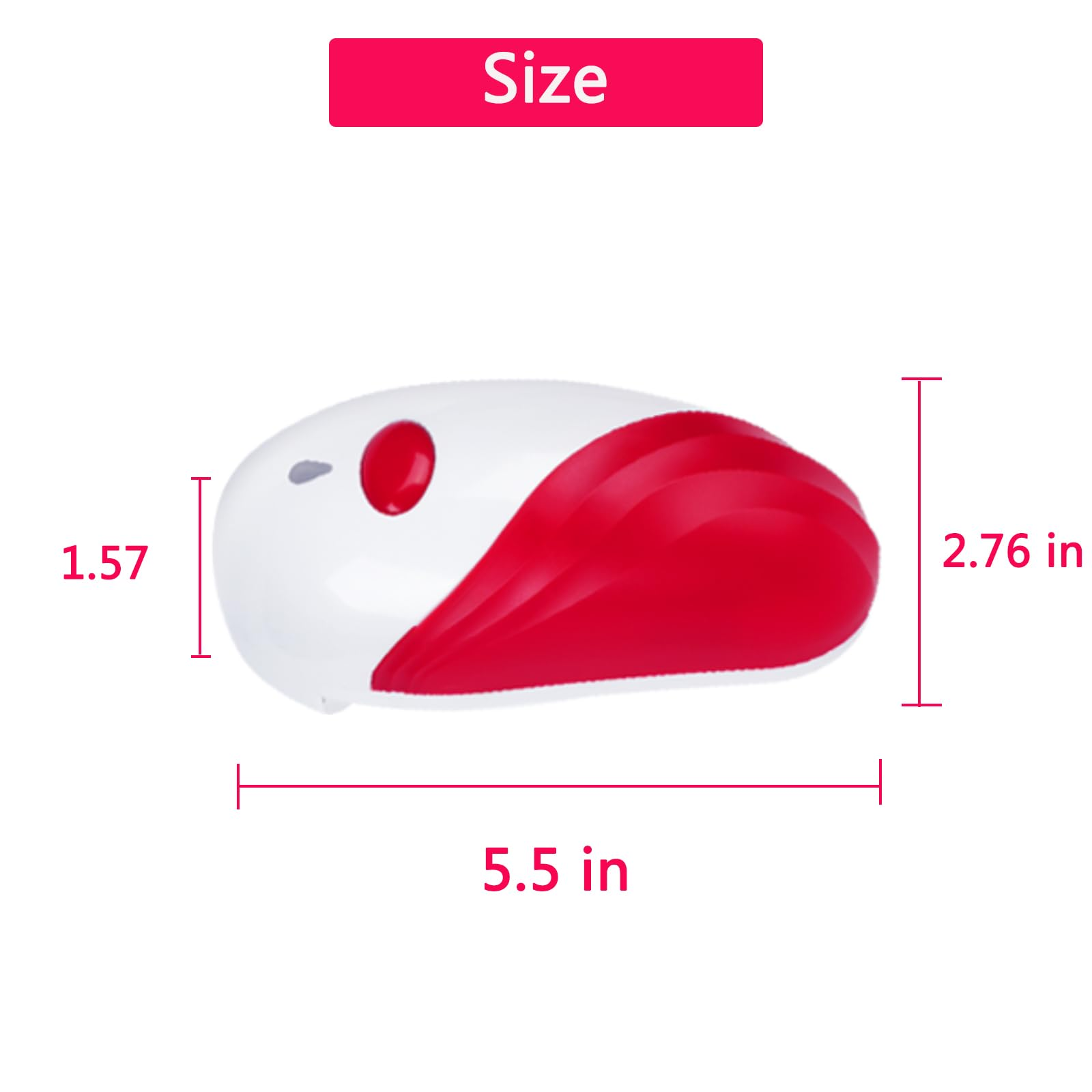 Weiß-rotes Gerät. Abmessungen: 5,5 Zoll lang, 2,76 Zoll hoch und 1,57 Zoll breit.