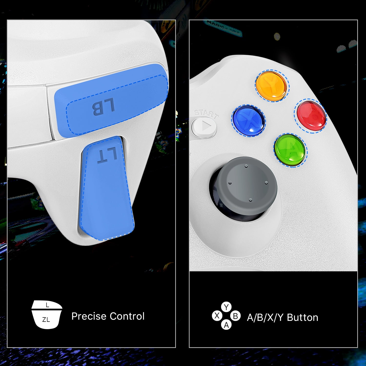 Zwei Nahaufnahmen eines Xbox-Controllers, die die LB-, LT-Tasten und A/B/X/Y-Tasten zeigen.