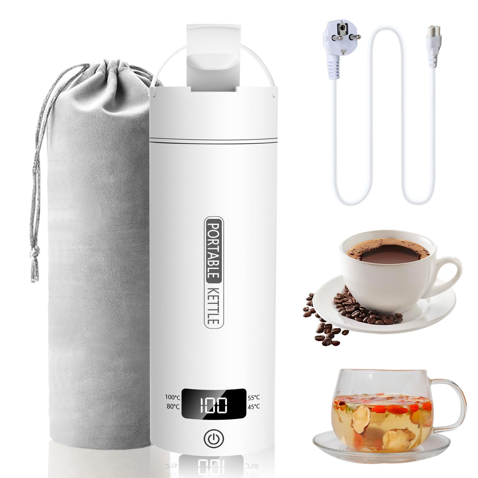 Weißer tragbarer Wasserkocher mit Netzkabel, einer Teetasse und Kaffeetasse sowie einem grauen Tragebeutel.