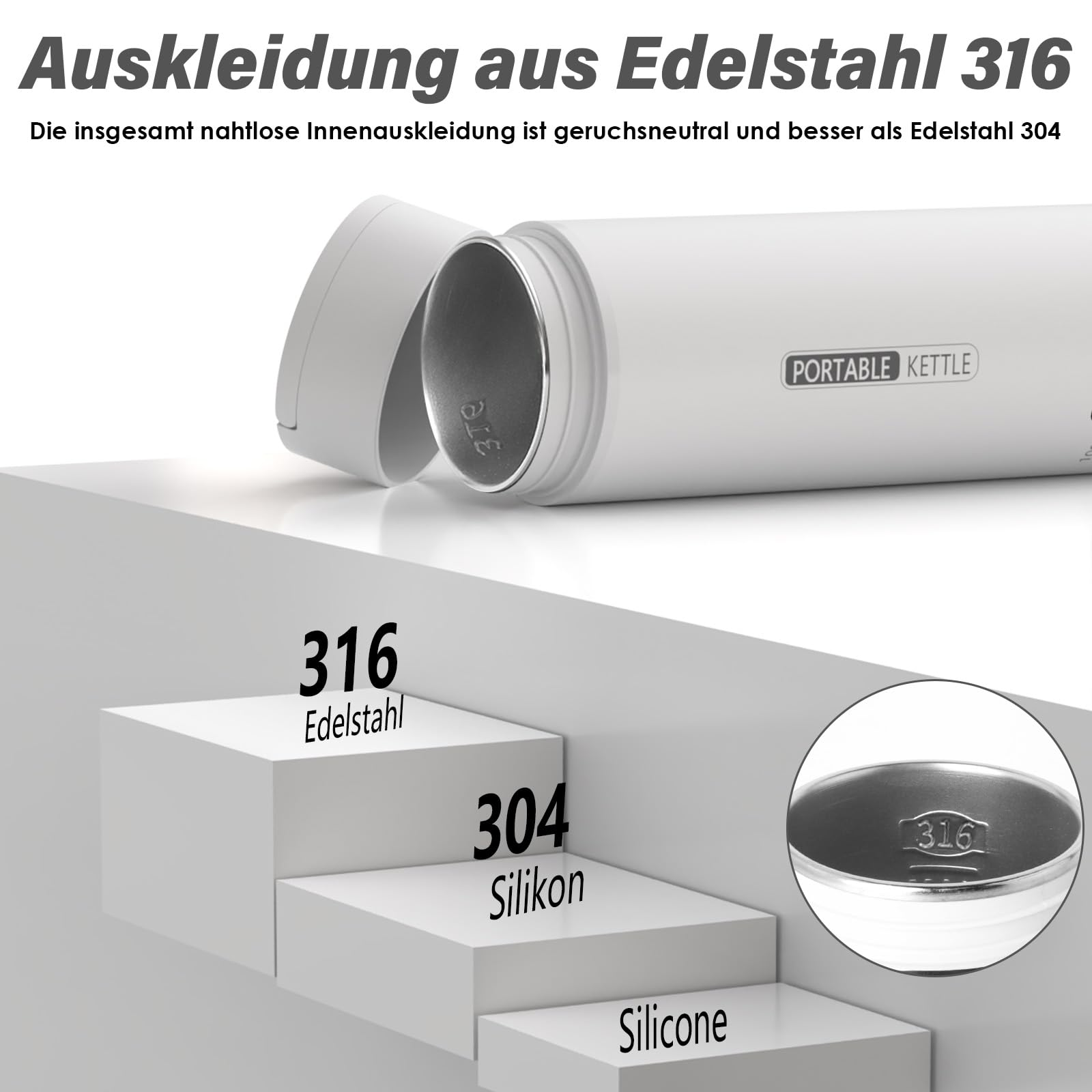 Weißer tragbarer Wasserkocher mit offenem Deckel, Edelstahl-Innenraum und Stufen mit Stahlgüte.