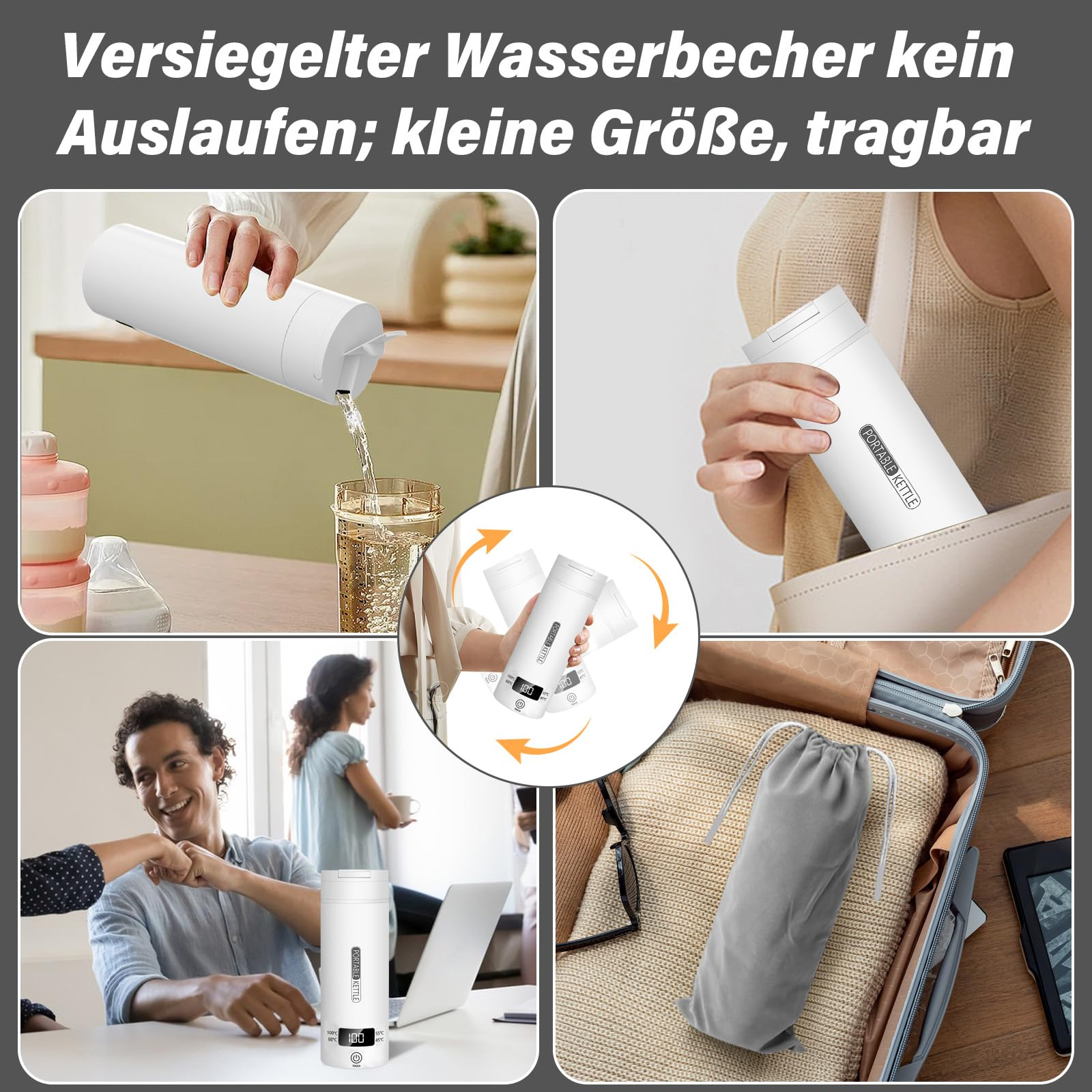 Weißer tragbarer Wasserkocher, Wasser gießt, wird getragen und in einem Koffer. Text oben.