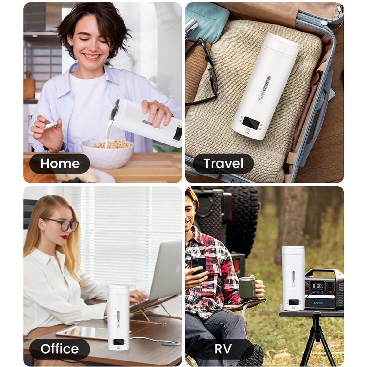 Collage mit einer Reisemagazine in vier Umgebungen: Zuhause, Reisen, Büro und Wohnmobil.