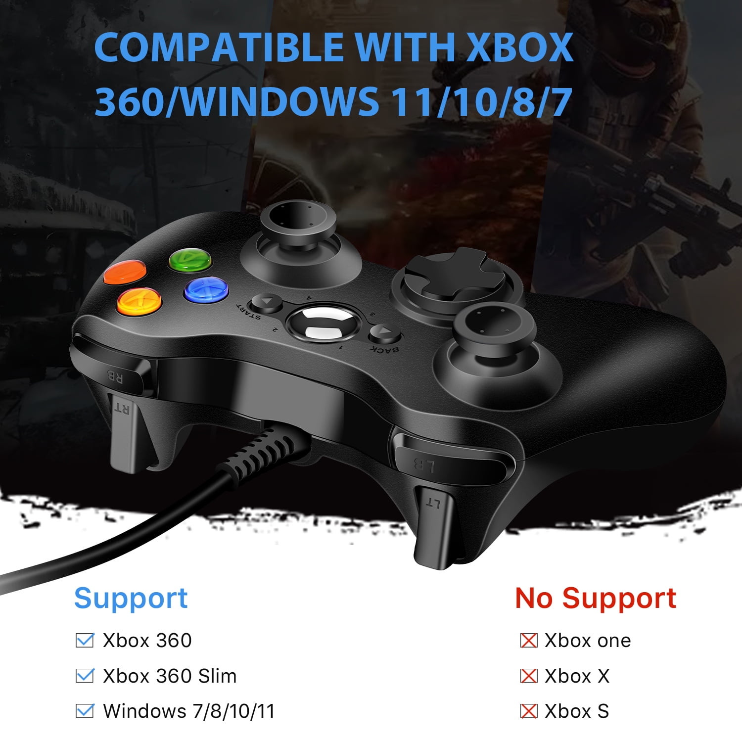 Schwarzer Controller. Text zeigt Kompatibilität mit Xbox 360 und Windows an.
