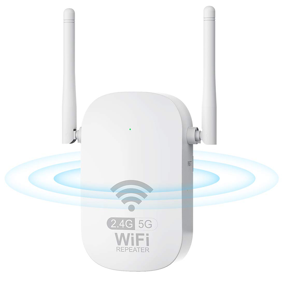 Weißer WLAN-Repeater mit zwei Antennen und einem leuchtenden WLAN-Signal-Symbol. 2.4G 5G Text.