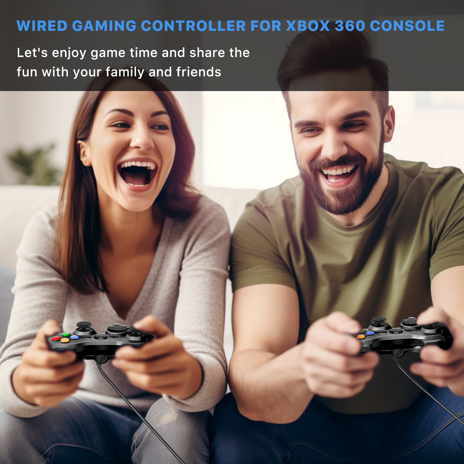 Zwei lachende Personen spielen Spiele mit schwarzen Controllern. Der Text lautet 'Wired Controller'.