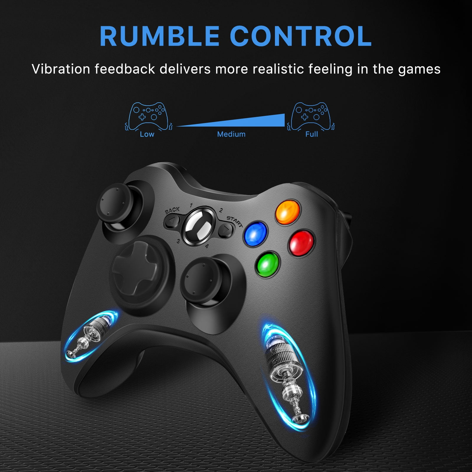 Schwarzer Gamecontroller mit beschrifteten Tasten, der Rumble-Steuerung mit geringer bis voller Vibration zeigt.