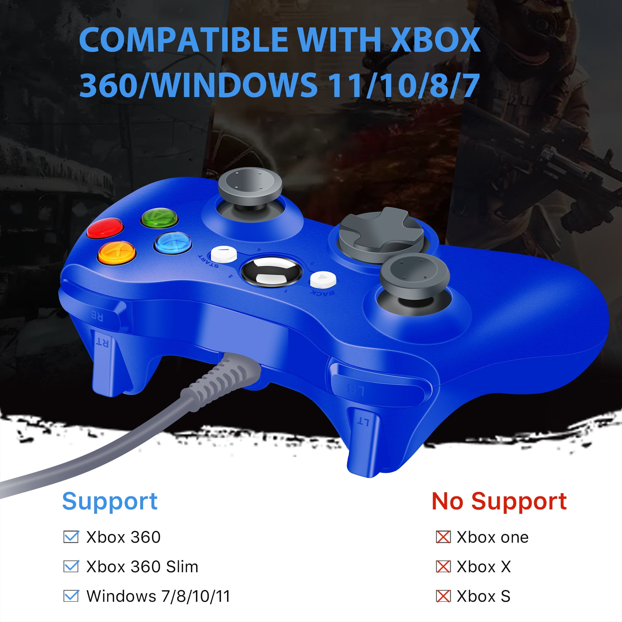 Blauer Gamecontroller mit Tastenbeschriftungen und Text, der die Kompatibilität anzeigt.