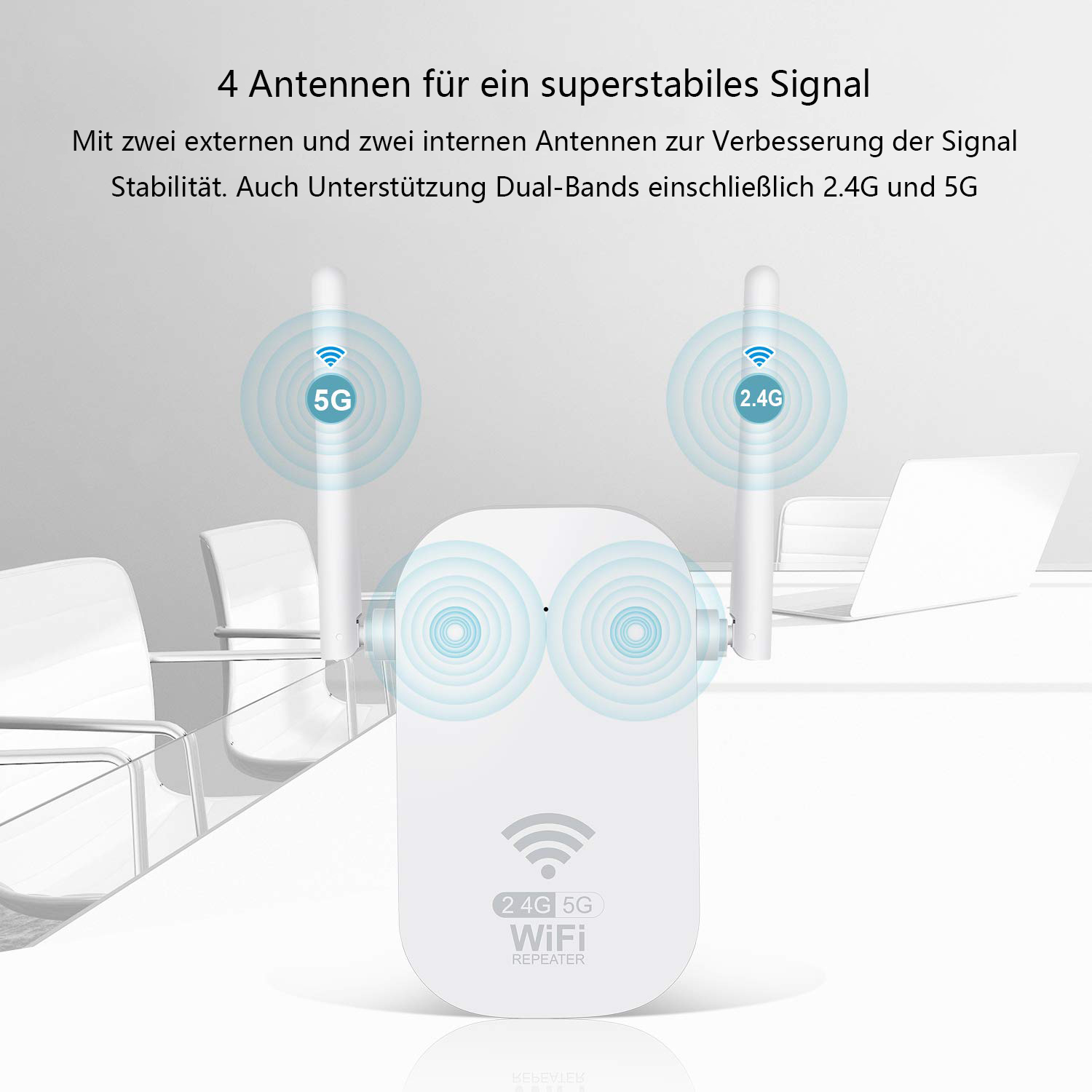 WLAN-Repeater mit 2 Antennen und 5G/2.4G Text. Das Bild zeigt Signalstärke und zwei Antennen.
