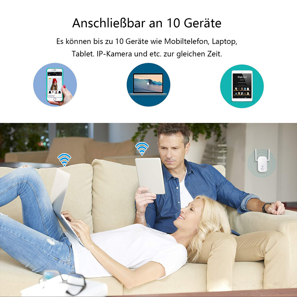Ein Paar sitzt auf einem Sofa, benutzt einen Laptop und ein Tablet, mit Symbolen anderer Geräte.