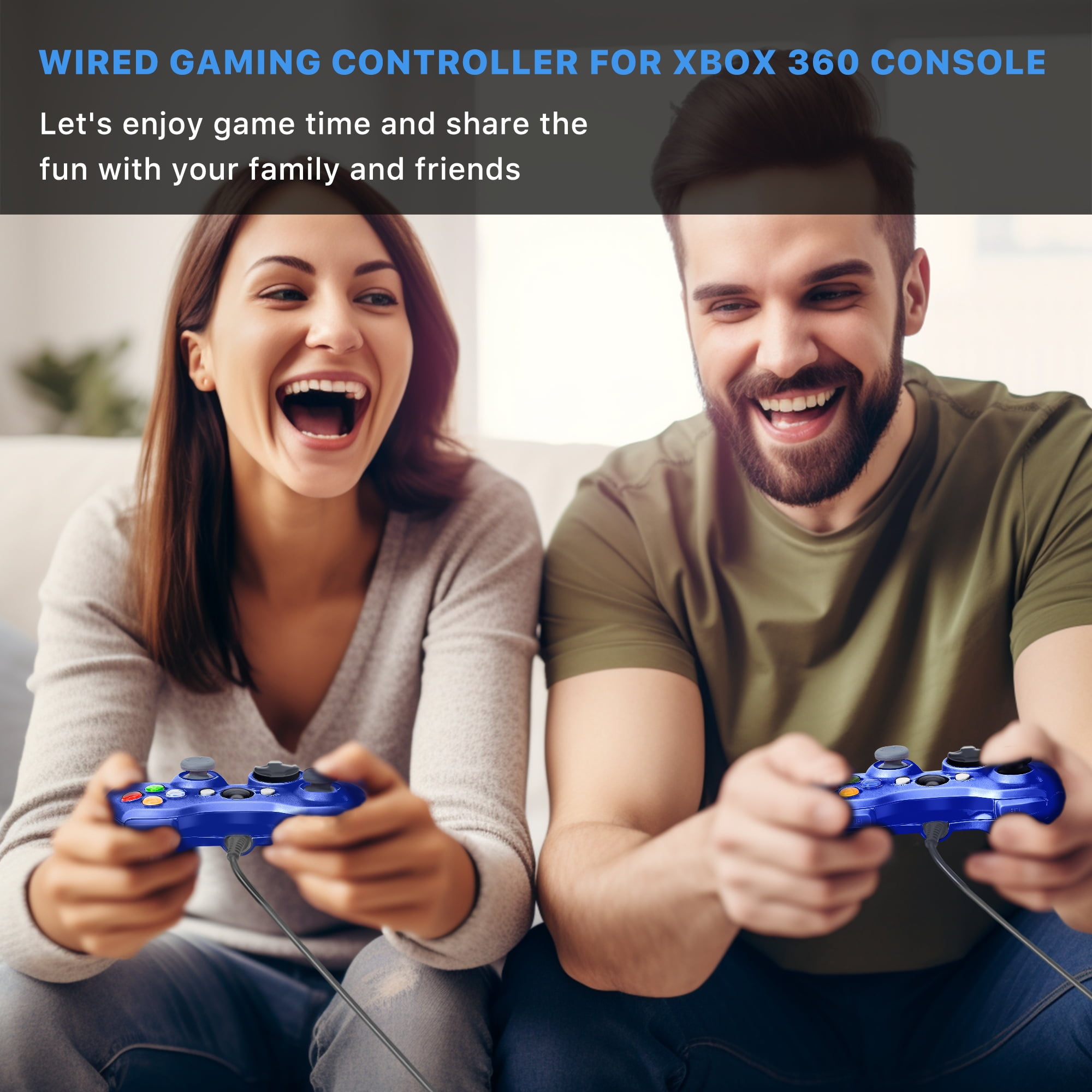 Ein Mann und eine Frau lachen, während sie Videospiele mit blauen Controllern spielen.