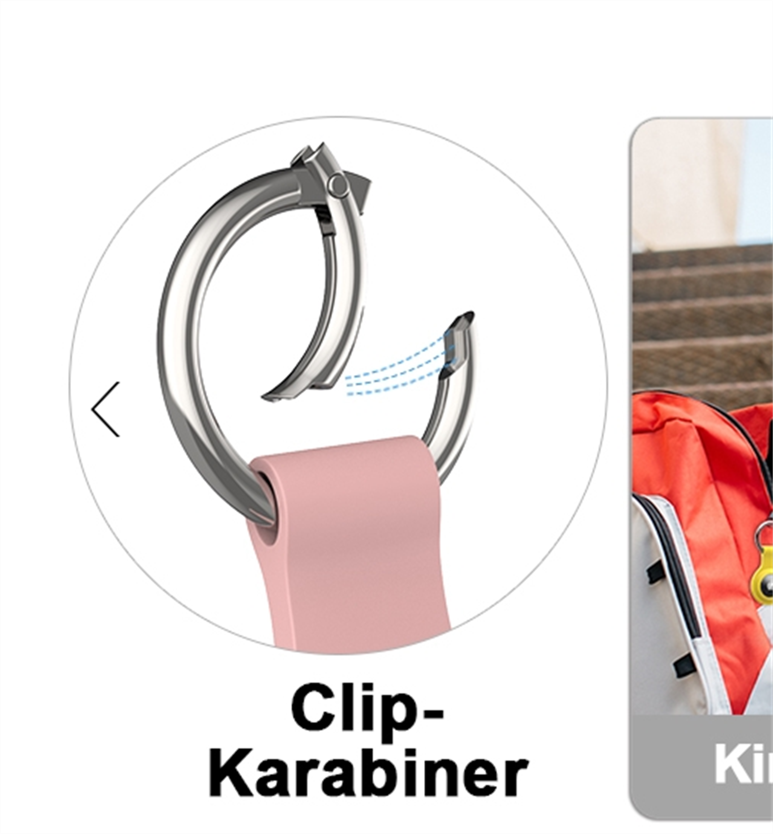 Metall-Karabinerhaken an einem rosa Riemen befestigt. Im Hintergrund ein Rucksack.
