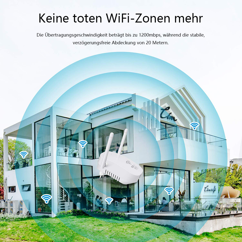 Modernes Haus mit überlagerten WLAN-Signal-Symbolen, die die drahtlose Internetabdeckung anzeigen.
