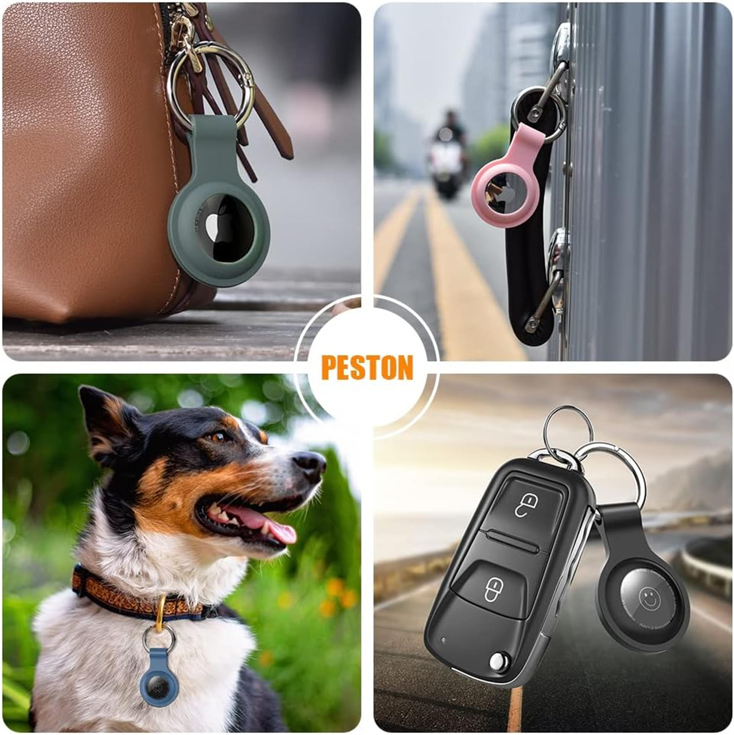 Verschiedene AirTag-Anwendungen: an einer Tasche, einer Tür, einem Hundehalsband und Autoschlüsseln.