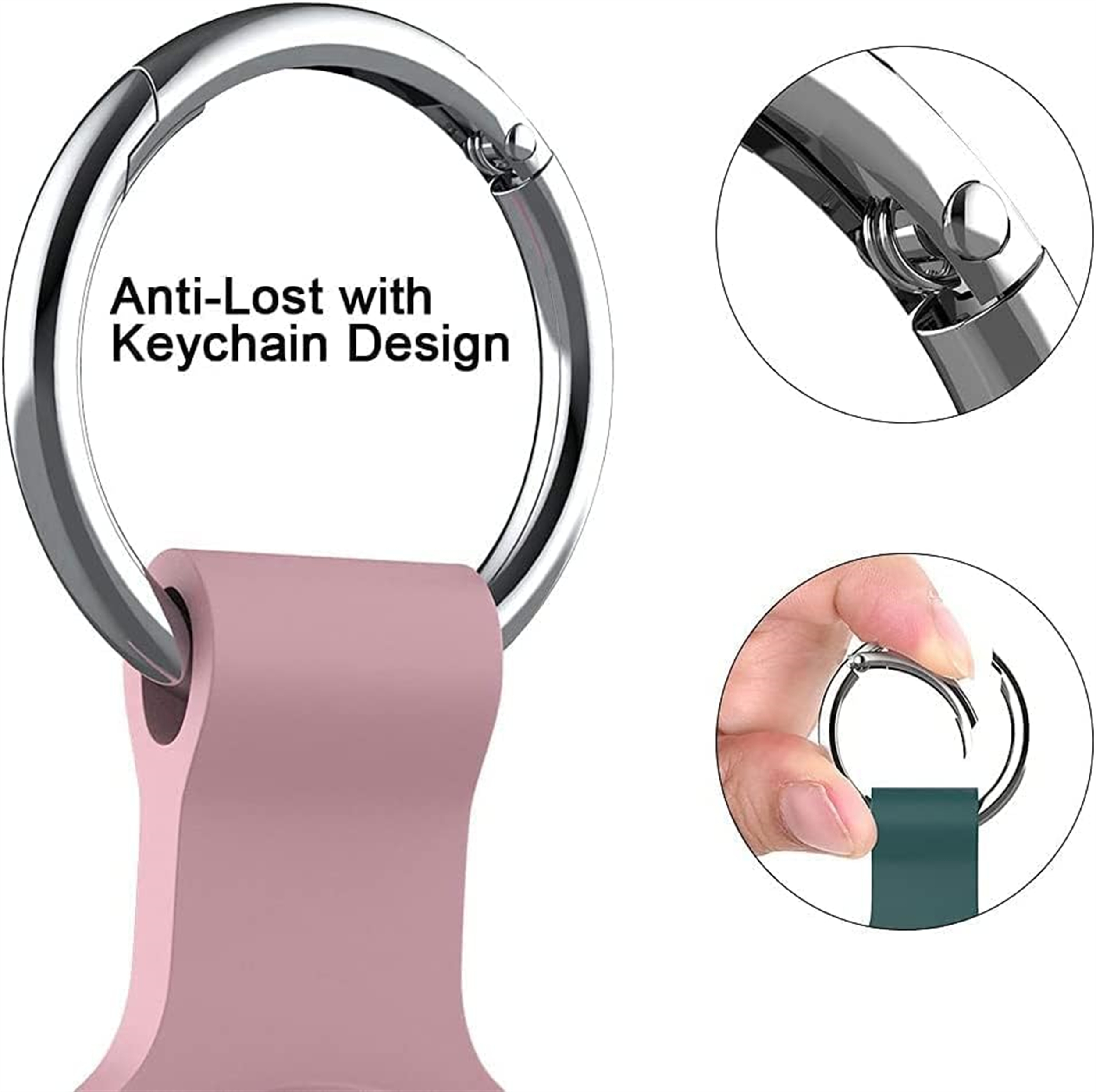 Nahaufnahme eines rosa AirTag mit silbernem Schlüsselring, zeigt den Öffnungsmechanismus.