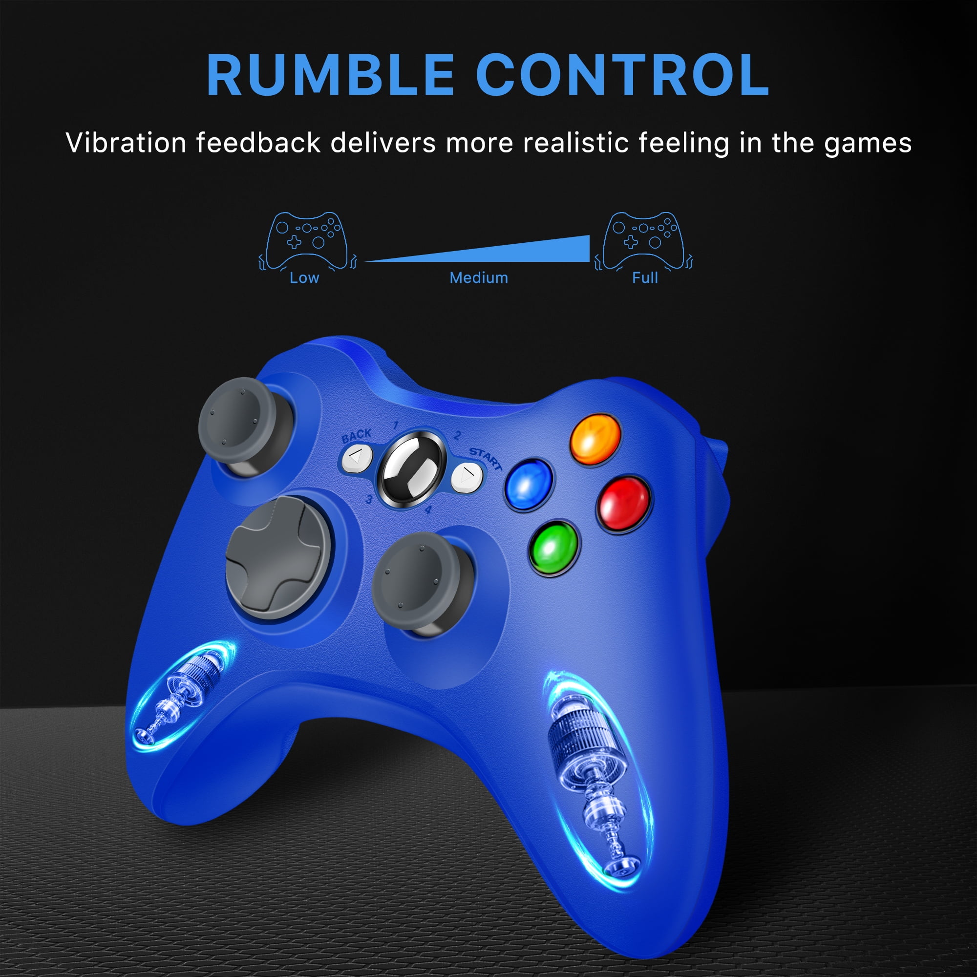 Blauer Gamecontroller mit Rumble-Control-Funktionen, die Vibrationsfeedback-Level zeigen.