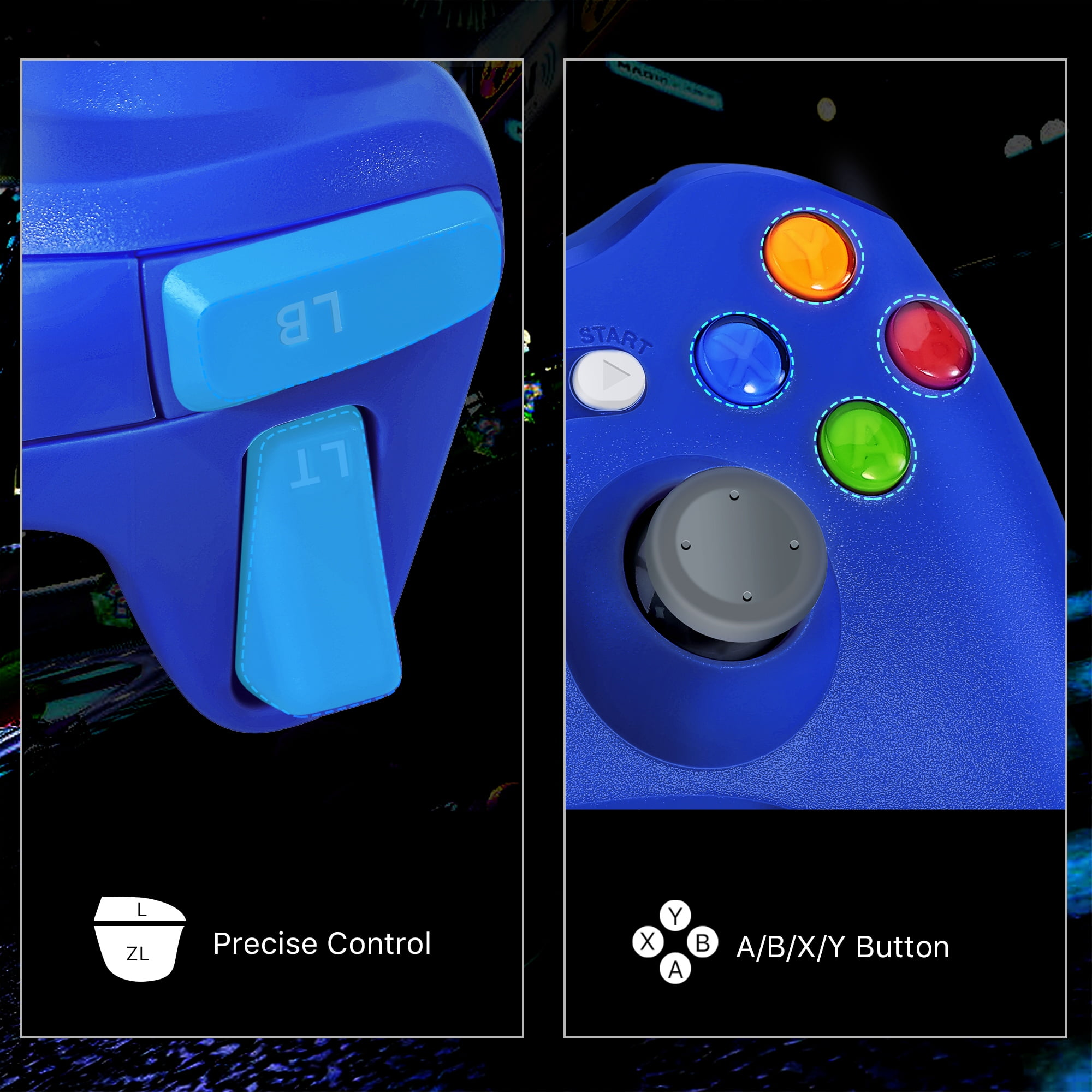 Blauer Gaming-Controller mit Tasten. LT/LB-Auslöser oben links.