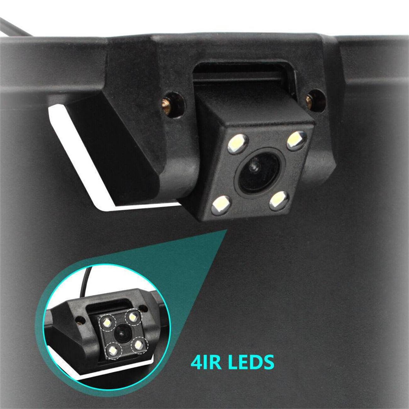 Nahaufnahme einer schwarzen Autokamera mit vier LED-Leuchten und dem Text 4IR-LEDs.