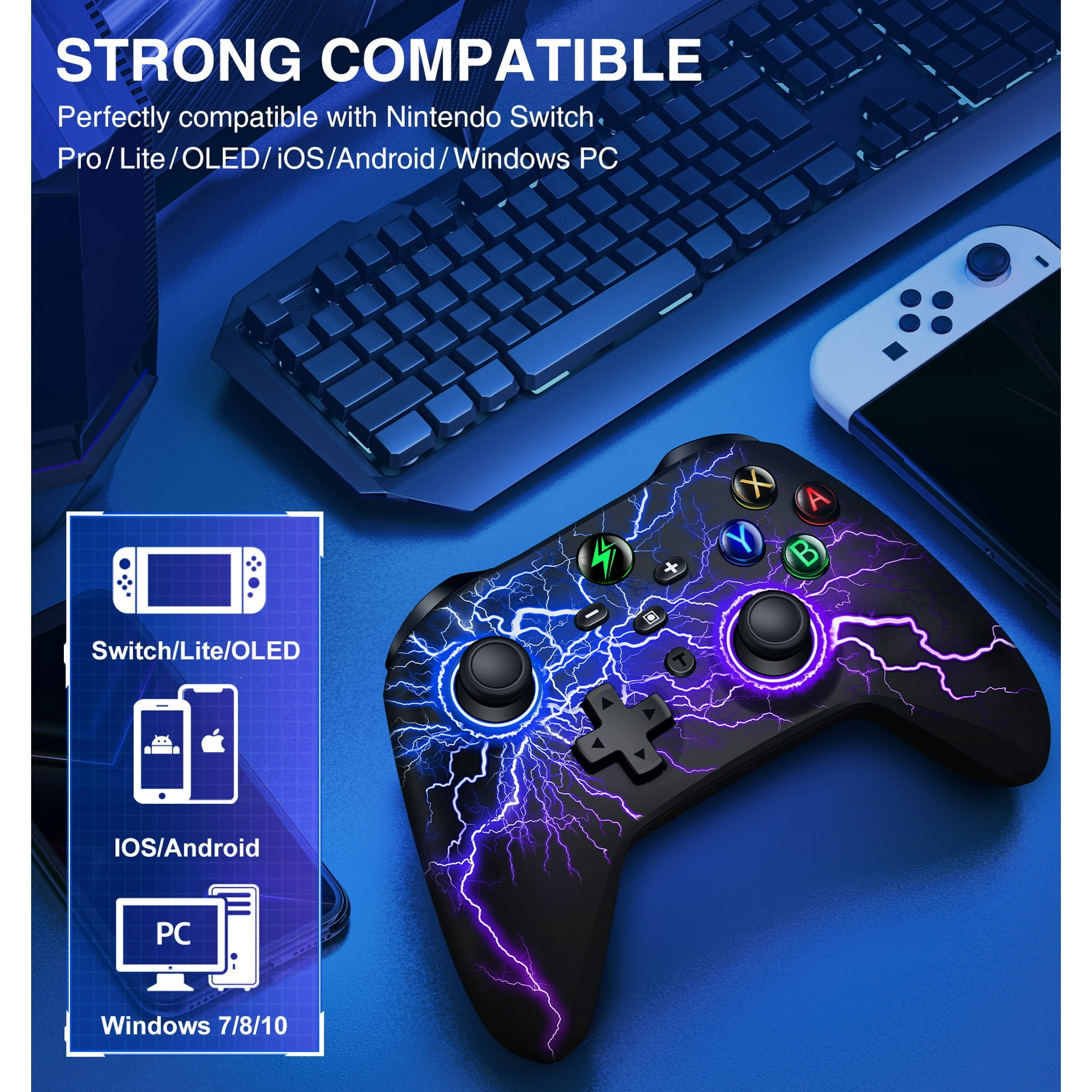 Gamecontroller mit Blitzdesign neben Tastatur und Switch.