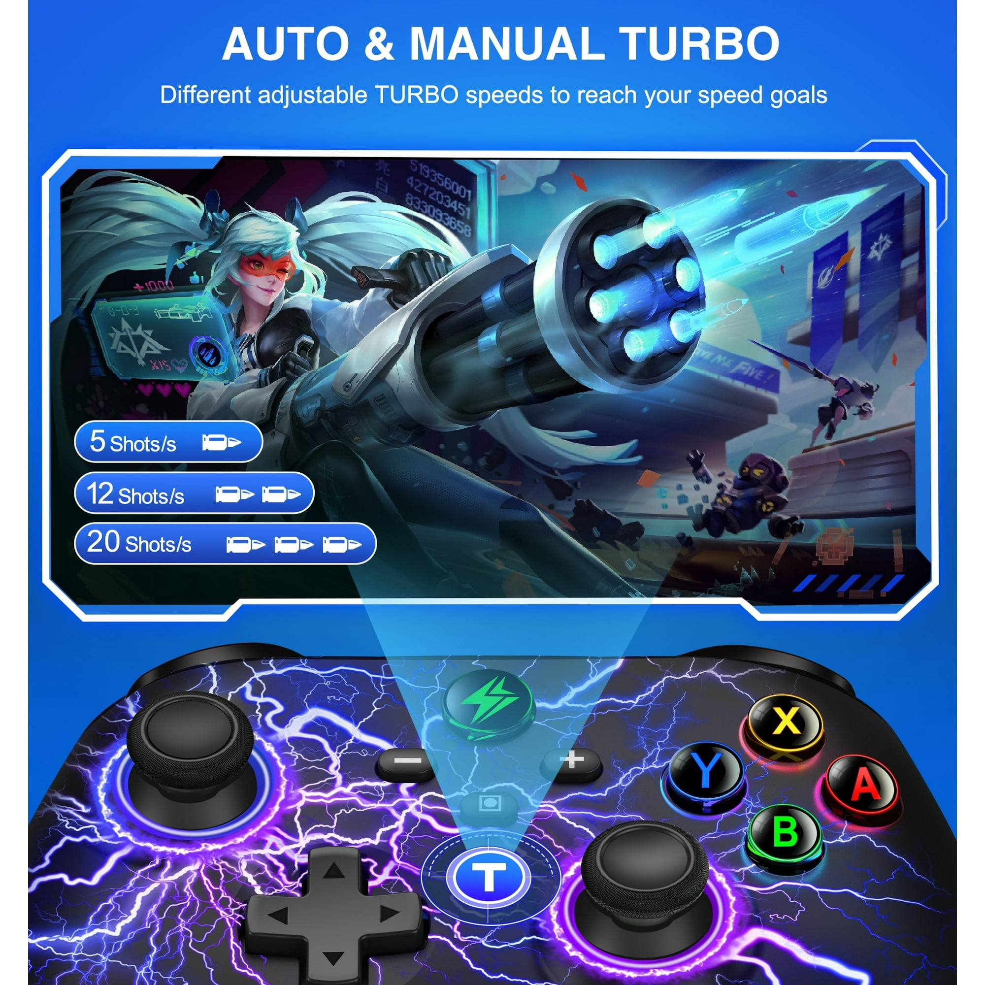 Schwarzer Gamecontroller mit Blitzdesign und Tasten. Der Bildschirm zeigt ein Spiel.