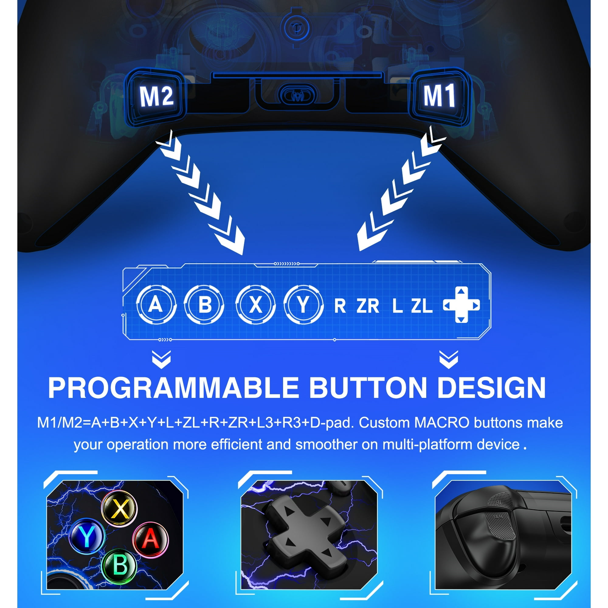 Schwarzer Gamecontroller mit Tasten. Es gibt ein Diagramm, das programmierbare Tasten zeigt.