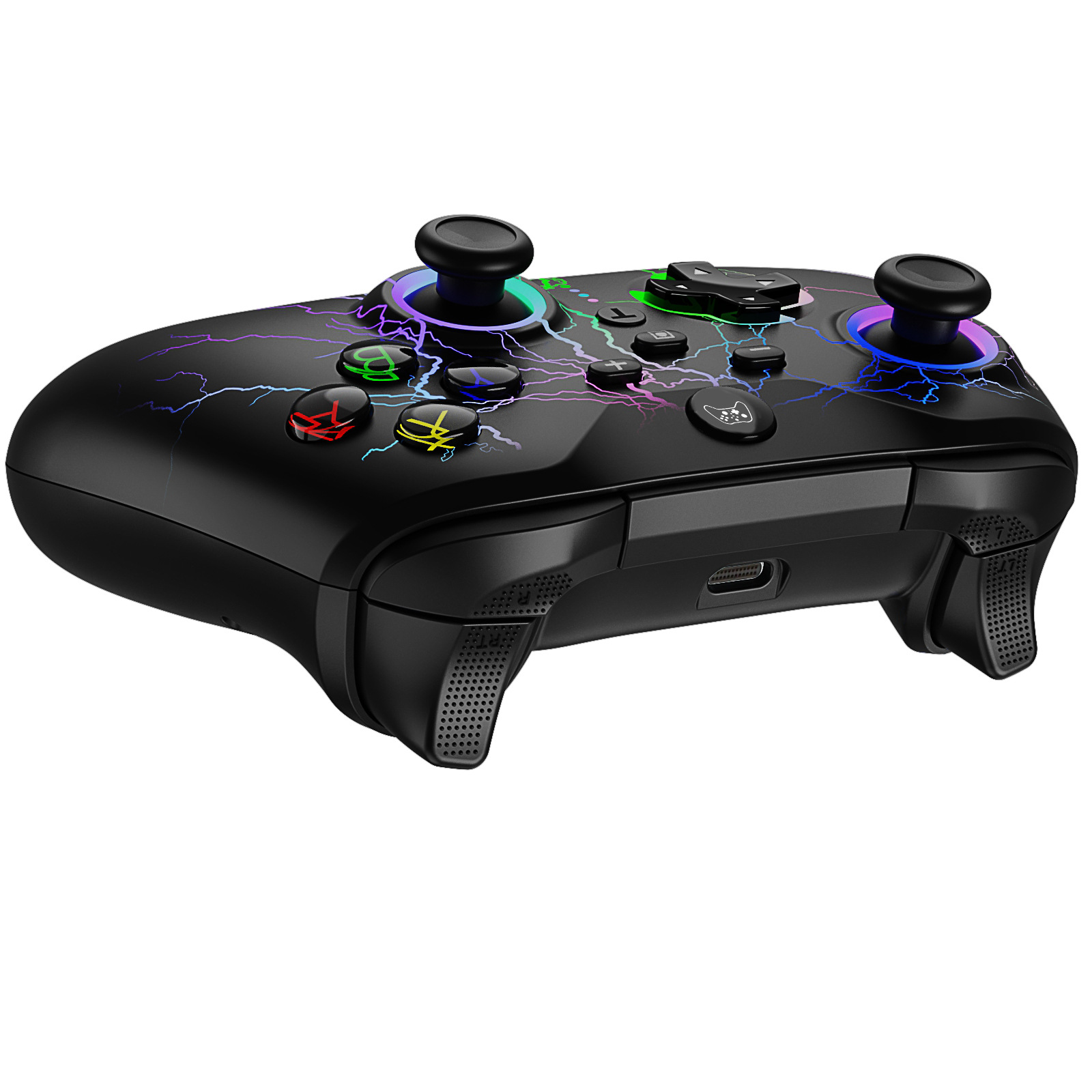 Schwarzer Gamecontroller mit bunten Knöpfen und Blitzdesign.
