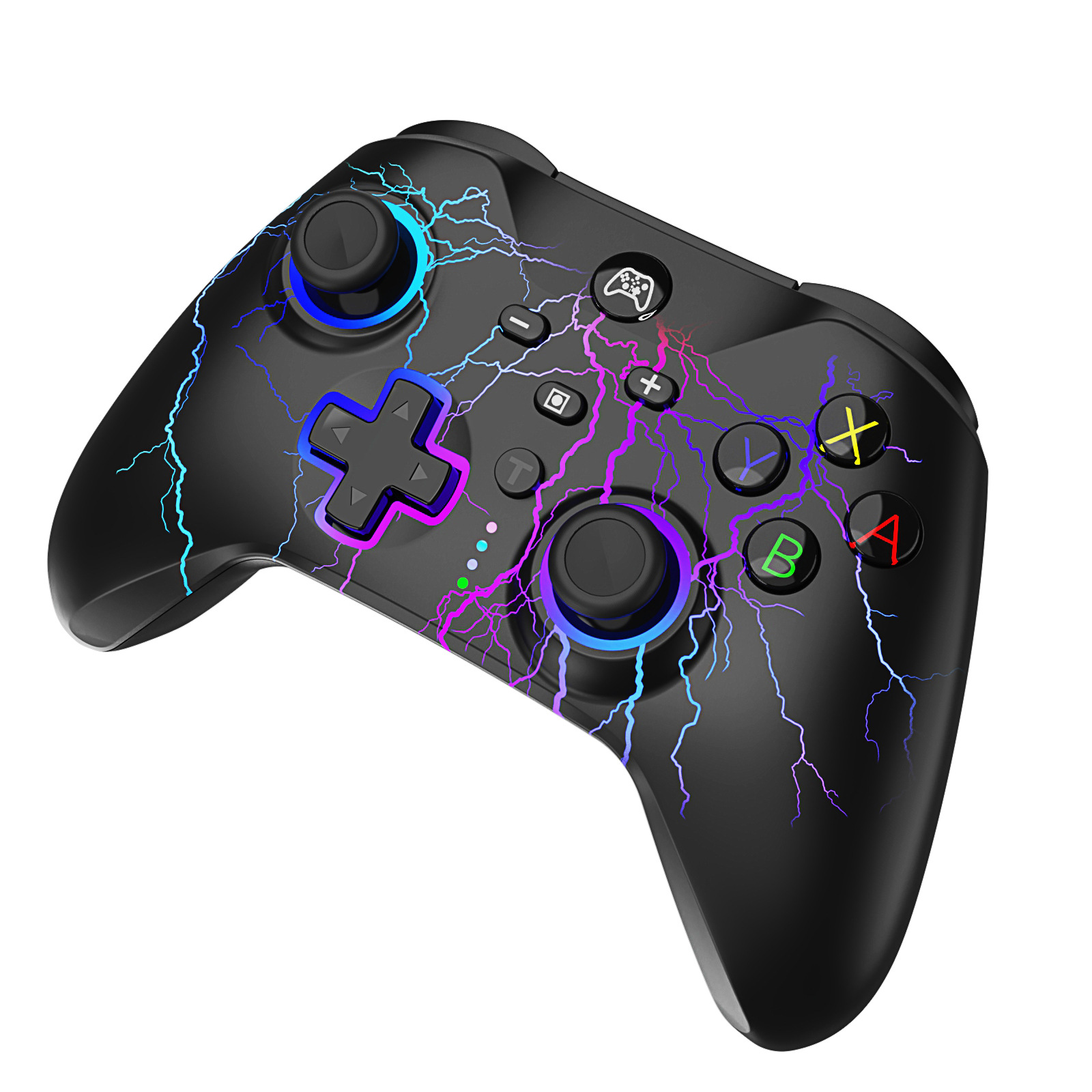 Schwarzer Gamecontroller mit Blitzdesign und Tasten. Das Design hat blaue und violette Farben.