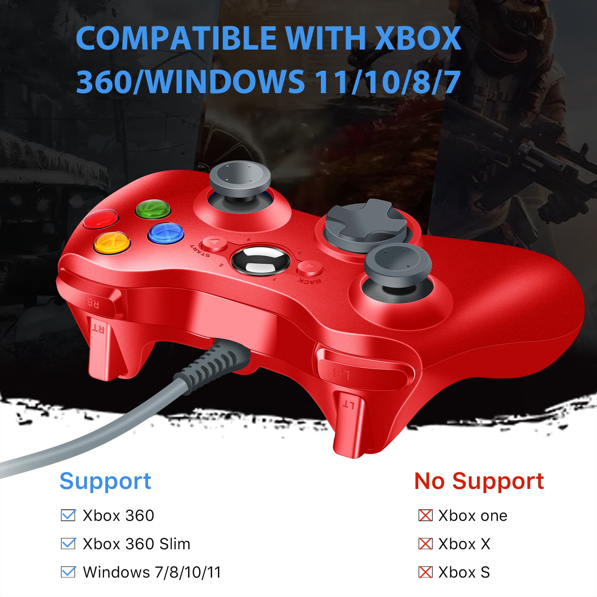 Roter Gamecontroller mit Informationen zur Unterstützung für Xbox 360 und Windows.