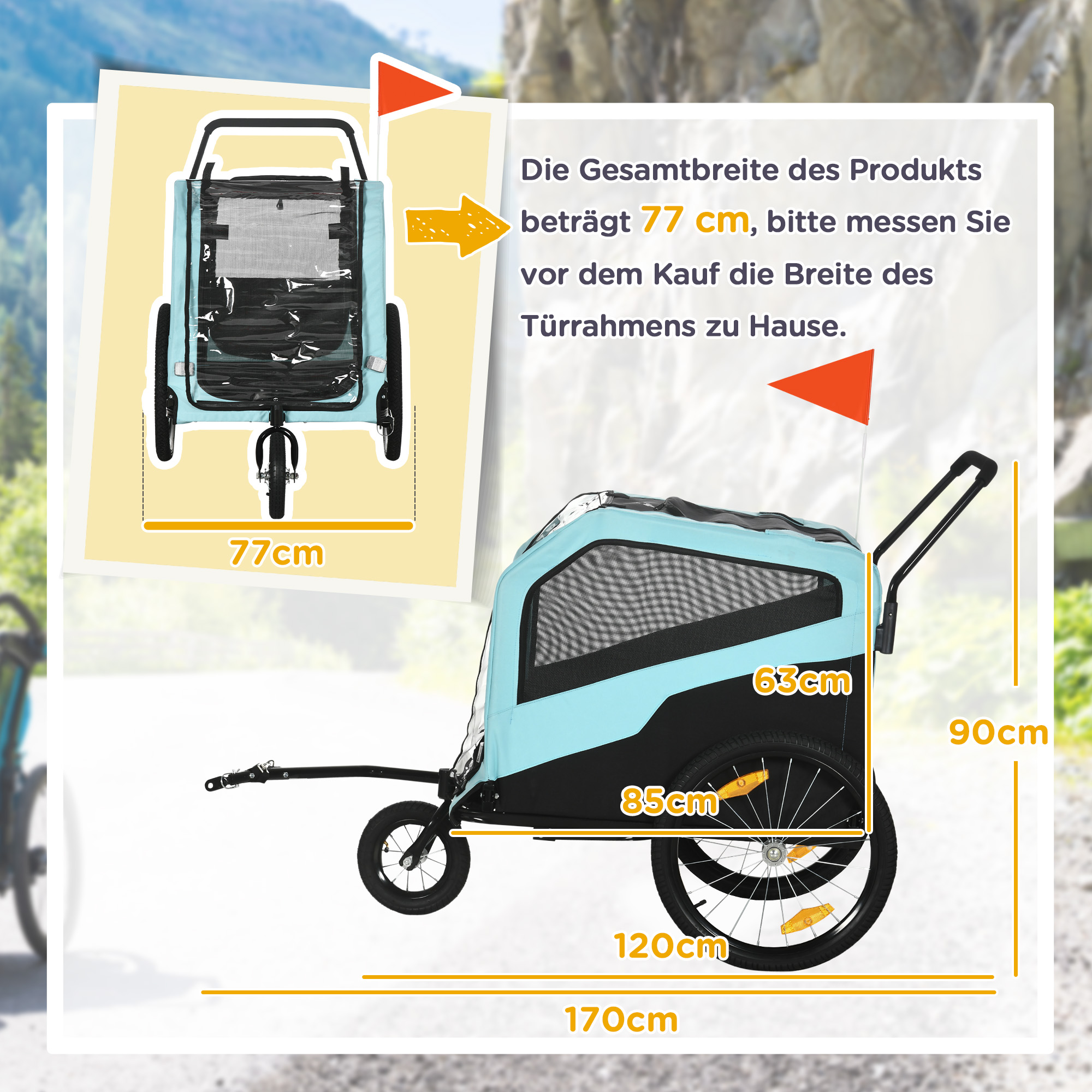 Diagramm mit Abmessungen eines blau-schwarzen Tieranhängers mit orangefarbenen Flaggen.