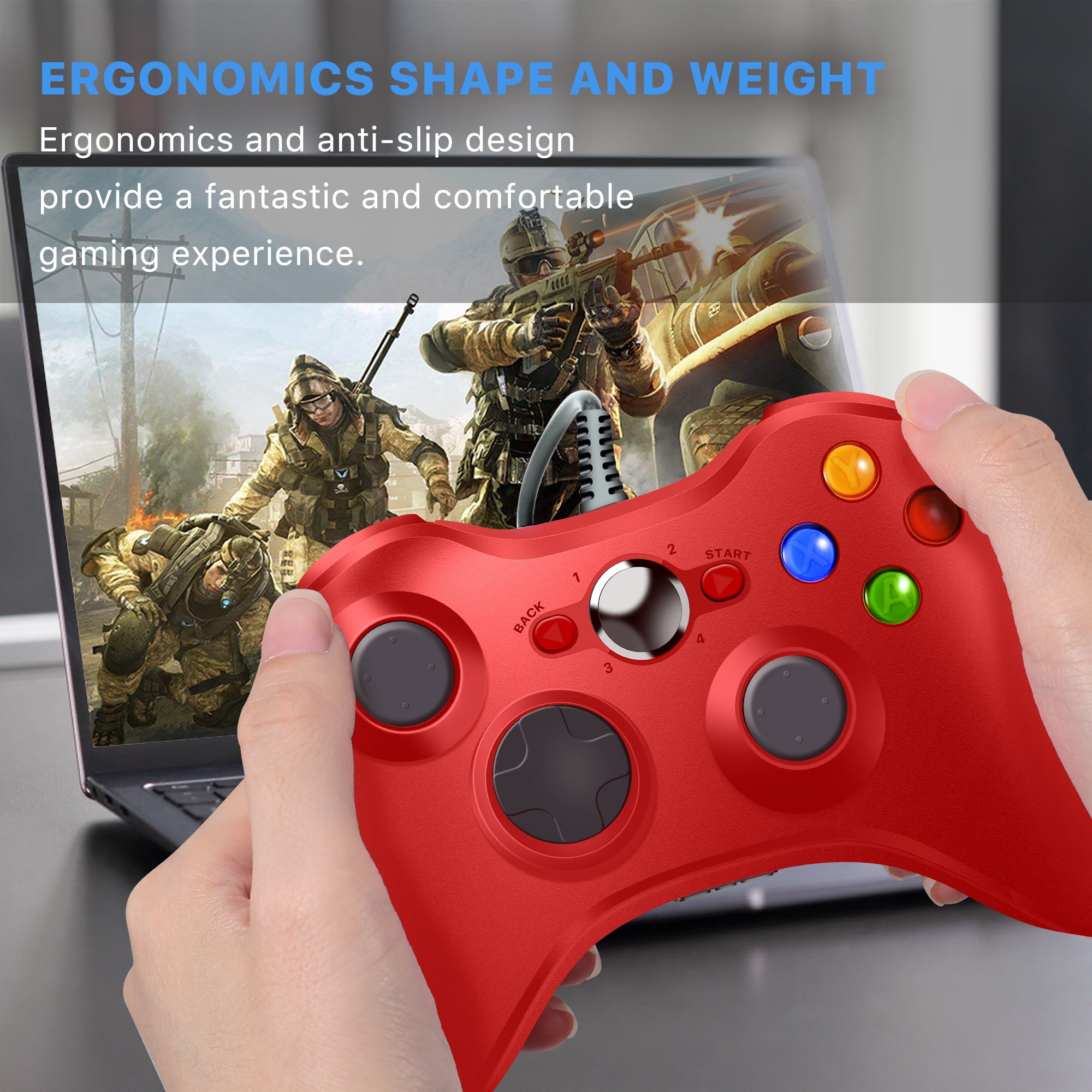 Eine Hand, die einen roten Gamecontroller hält. Der Bildschirm zeigt ein Videospiel mit Soldaten.