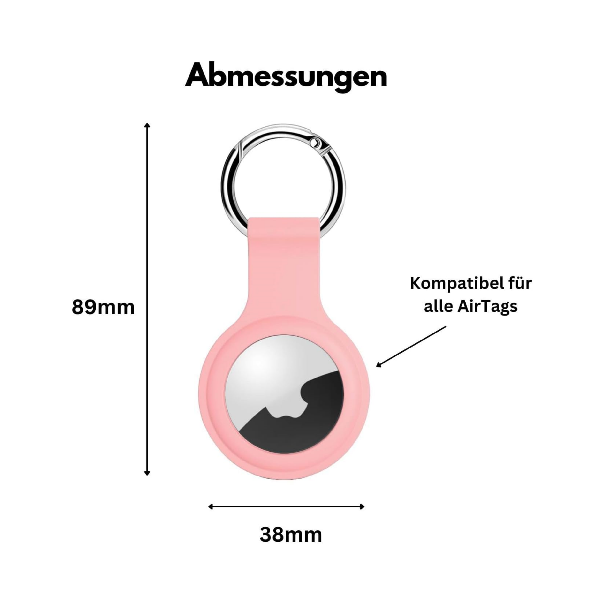 Ein rosa AirTag-Halter mit silbernem Schlüsselring. Der Halter ist mit Abmessungen versehen.