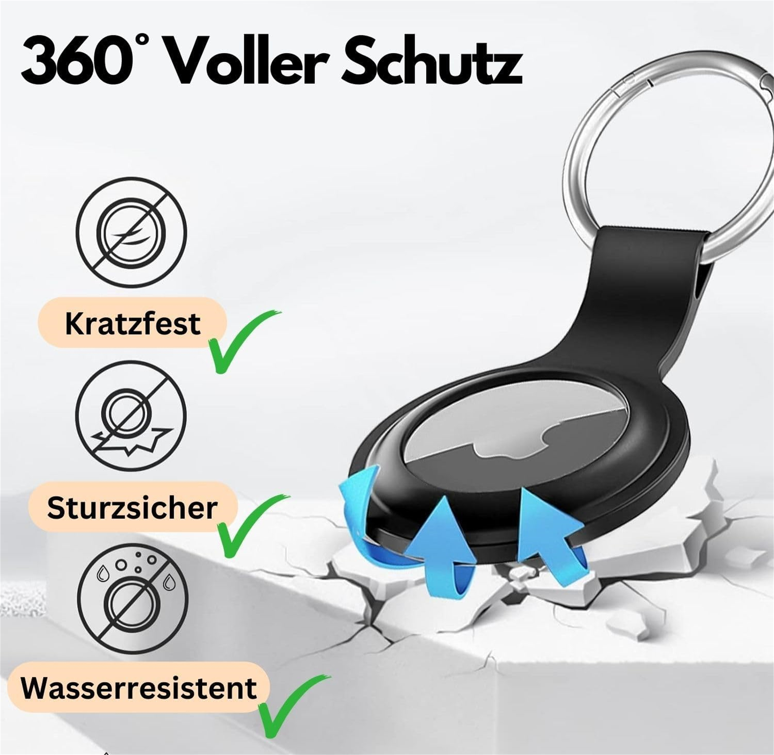 Schwarzer AirTag-Halter mit silbernem Schlüsselring. Zeigt Schutz vor Kratzern, Stürzen und Wasser.