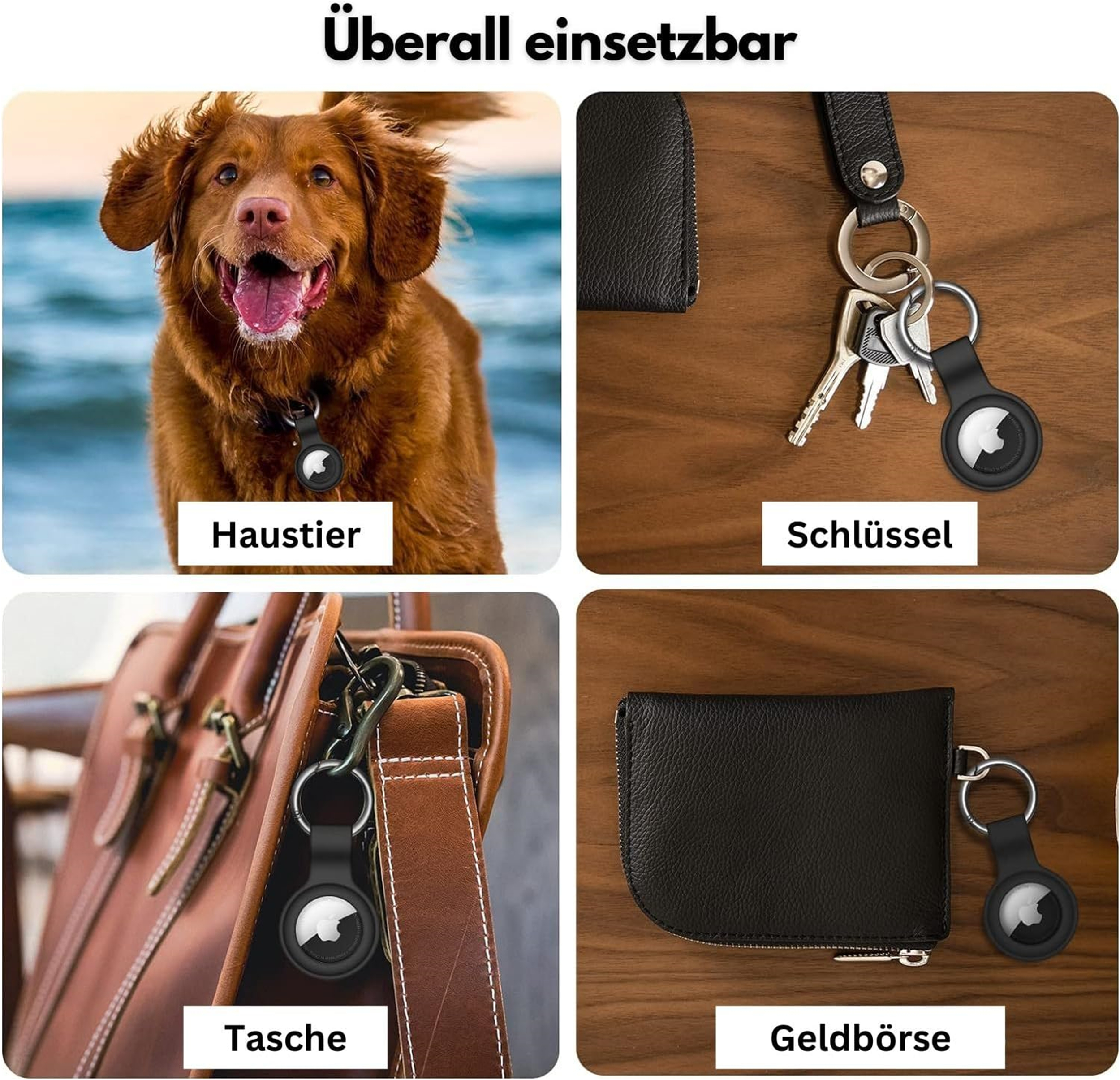 Hund mit schwarzem AirTag, Schlüssel, Geldbörse und Handtasche. Alle Artikel haben ein AirTag. Holz Hintergrund.
