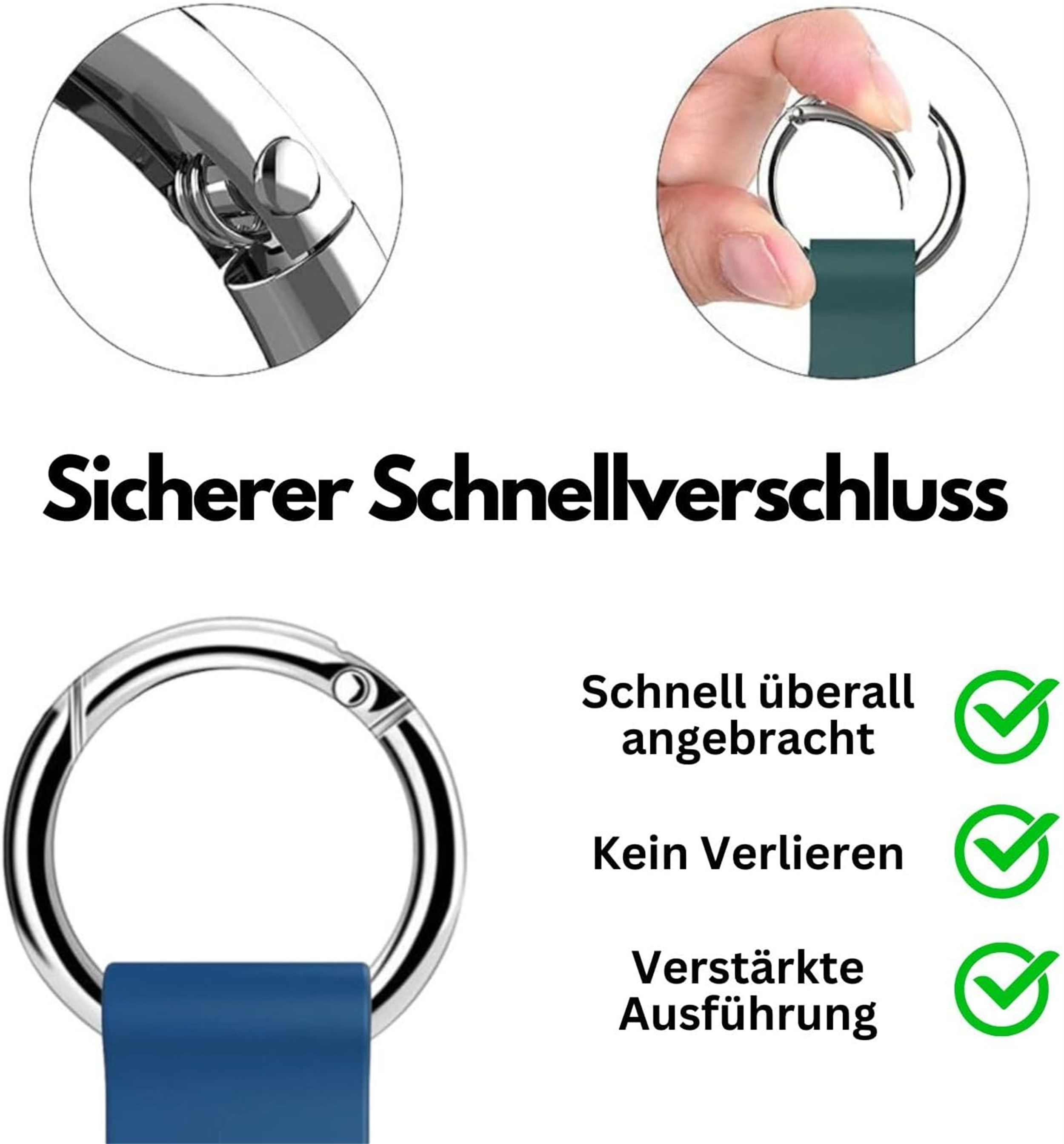 Nahaufnahme des Schlüsselrings mit blauem Riemen, der einen sicheren Schnellverschluss zeigt. Grüne Haken zeigen Merkmale.