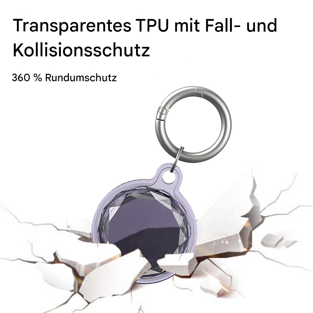 Ein lila AirTag mit silbernem Ring, zerbrochener weißer Hintergrund.