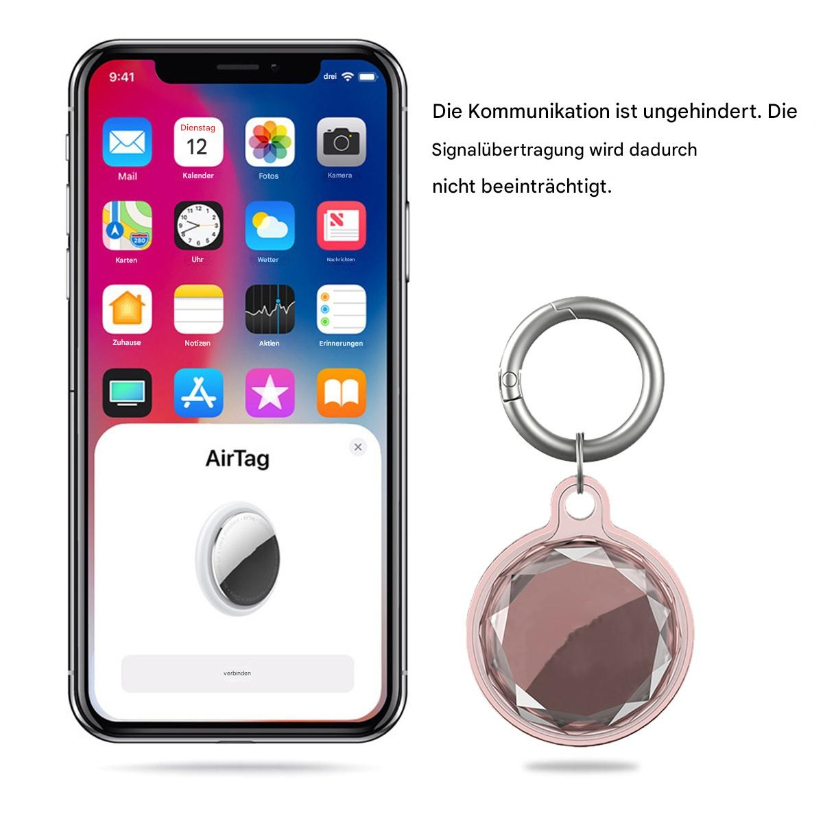 iPhone, das ein AirTag anzeigt. Rosa AirTag mit silbernem Ring. Der Text lautet: Die Kommunikation ist ungehindert.