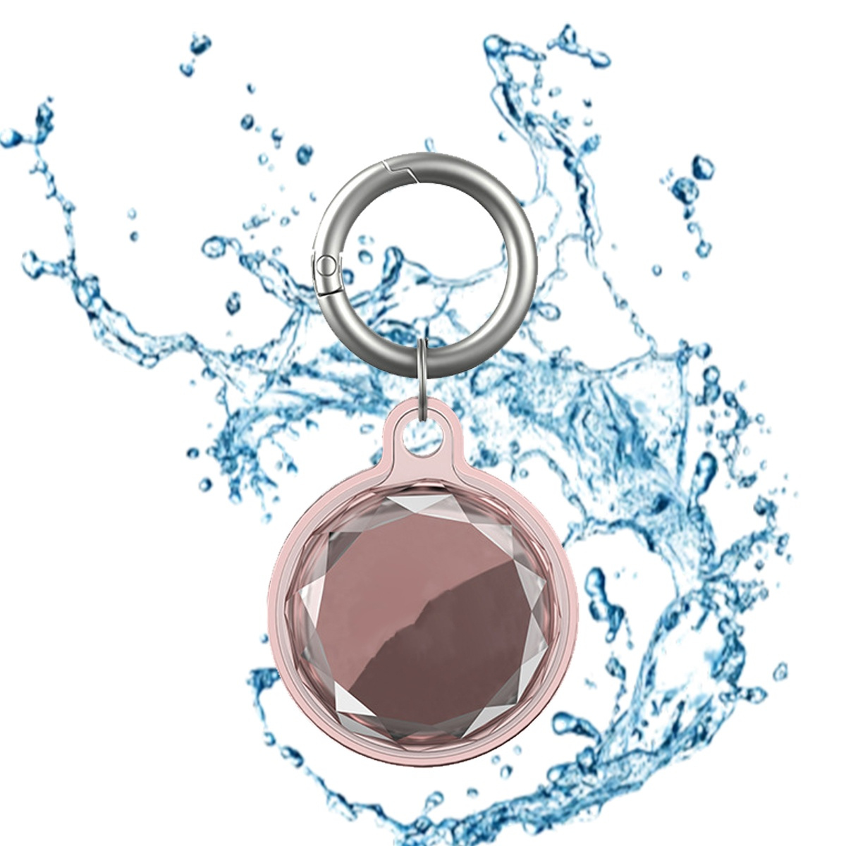 Rosa AirTag mit silbernem Ring. Wasser spritzt um den Tag herum. Weißer Hintergrund.