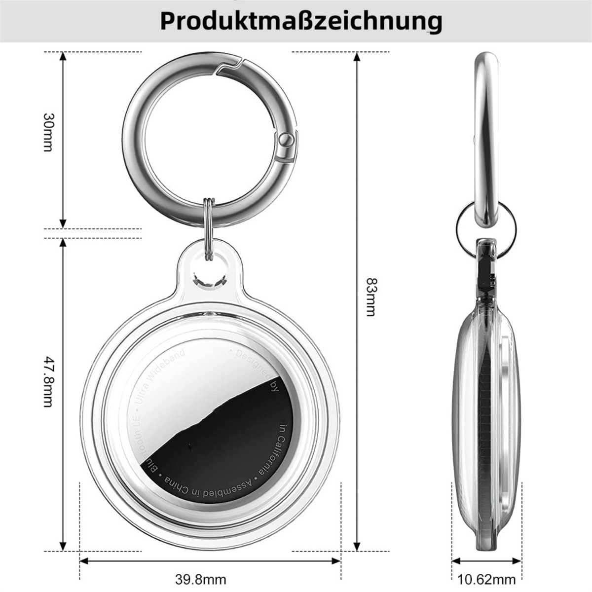AirTag mit Abmessungen in mm: 47,8 x 39,8 x 10,62. Silberner Schlüsselring befestigt. Text: Produktmaßzeichnung.
