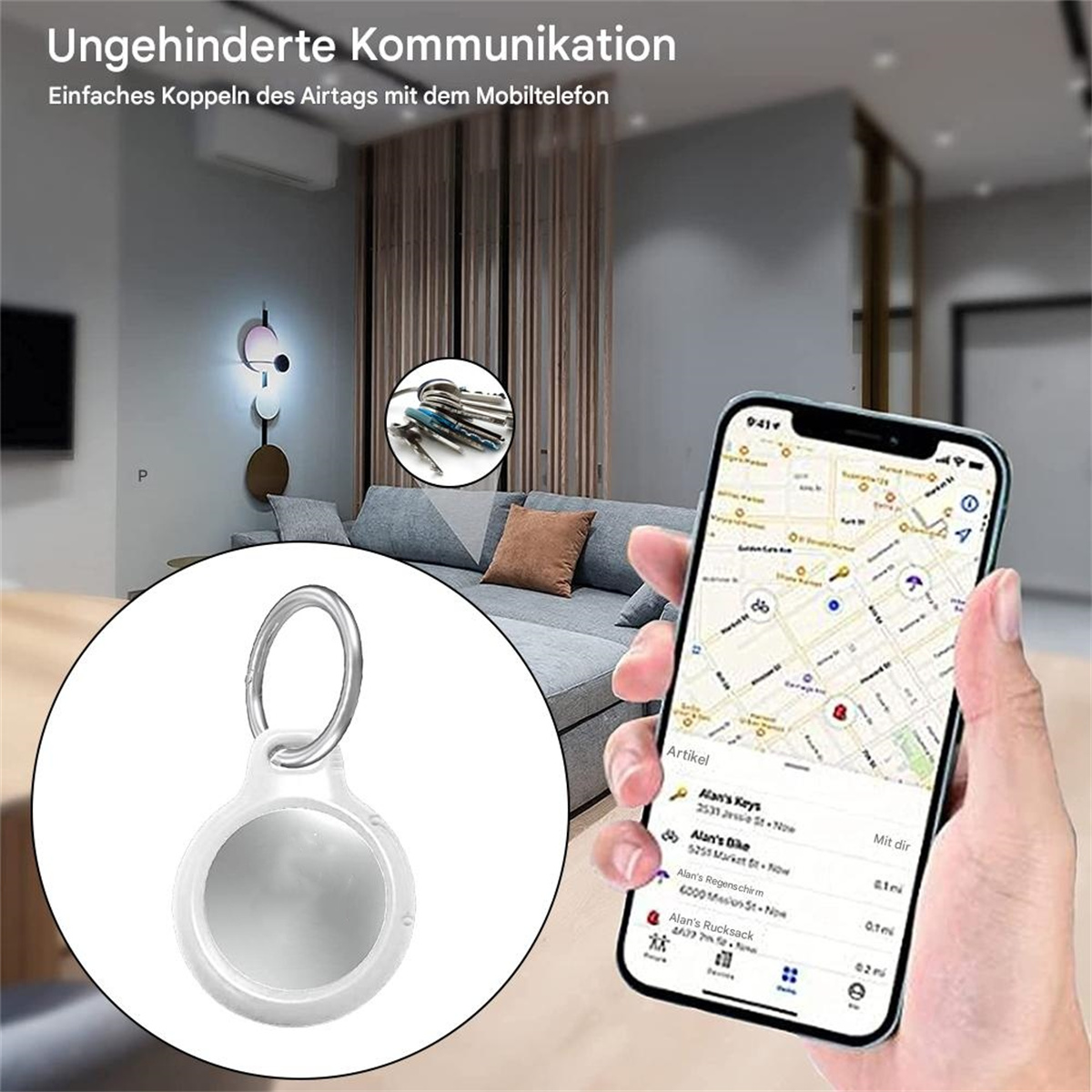 Person verwendet ein Telefon, mit AirTag-Gehäuse an Schlüsseln. Text: Ungehinderte Kommunikation.