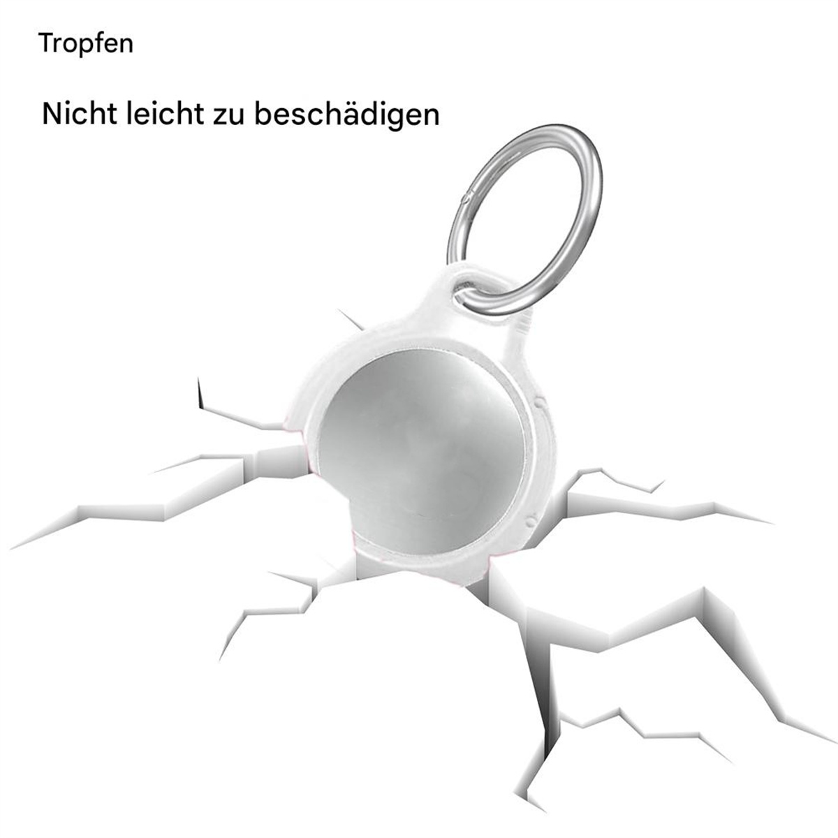 Eine weiße AirTag-Hülle auf einer zerbrochenen Oberfläche. Die Hülle hat einen silbernen Ring. Text: Nicht leicht zu beschädigen.