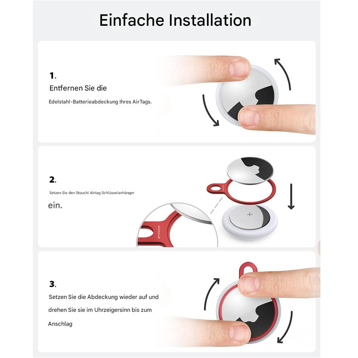 Schrittweise AirTag-Installation. Zeigt das Entfernen der Stahlabdeckung, das Einsetzen in das Gehäuse und das Wiederanbringen der Abdeckung.