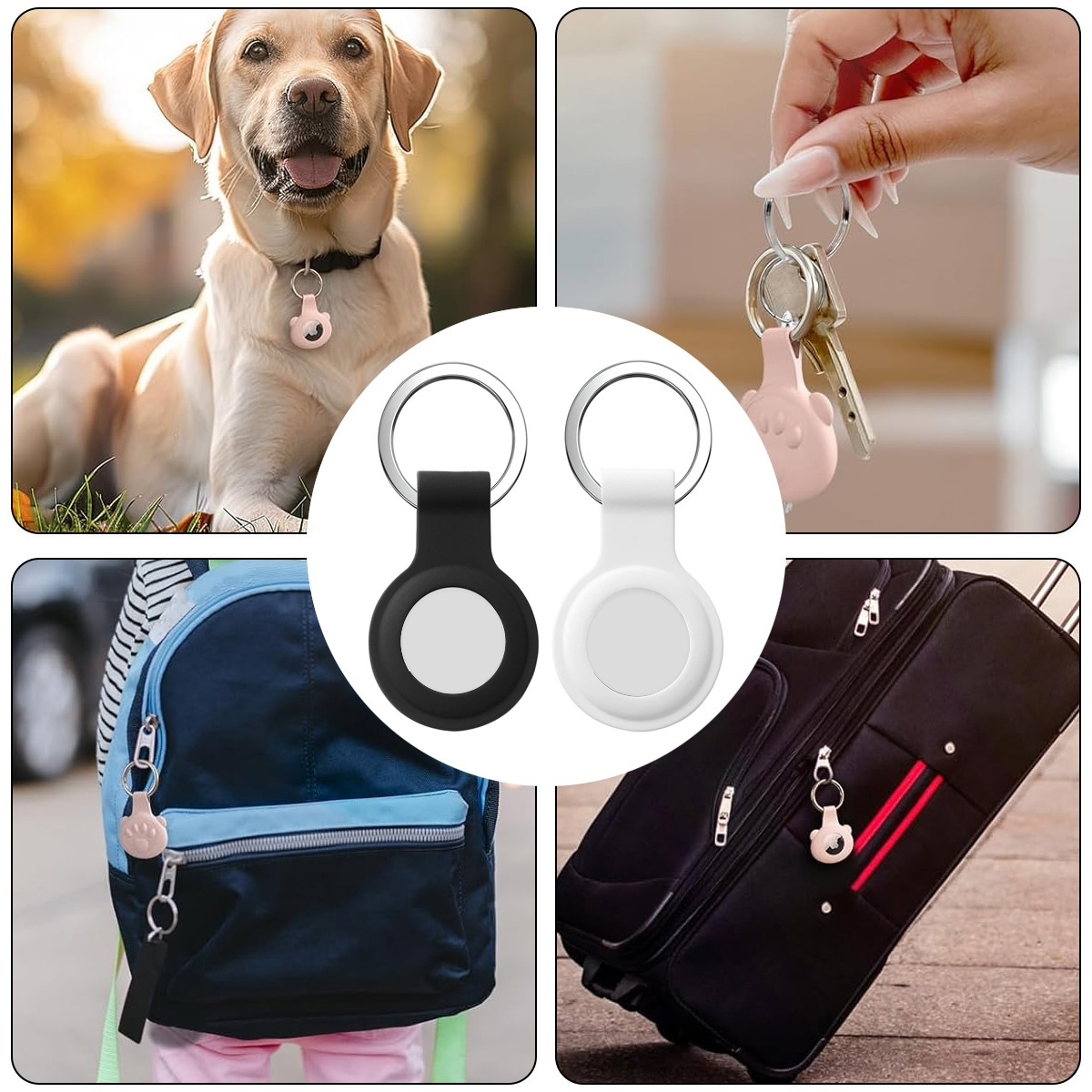 Collage mit AirTags, die an einem Hundehalsband, Schlüsseln, zwei AirTags und einem Koffer-Reißverschluss befestigt sind.